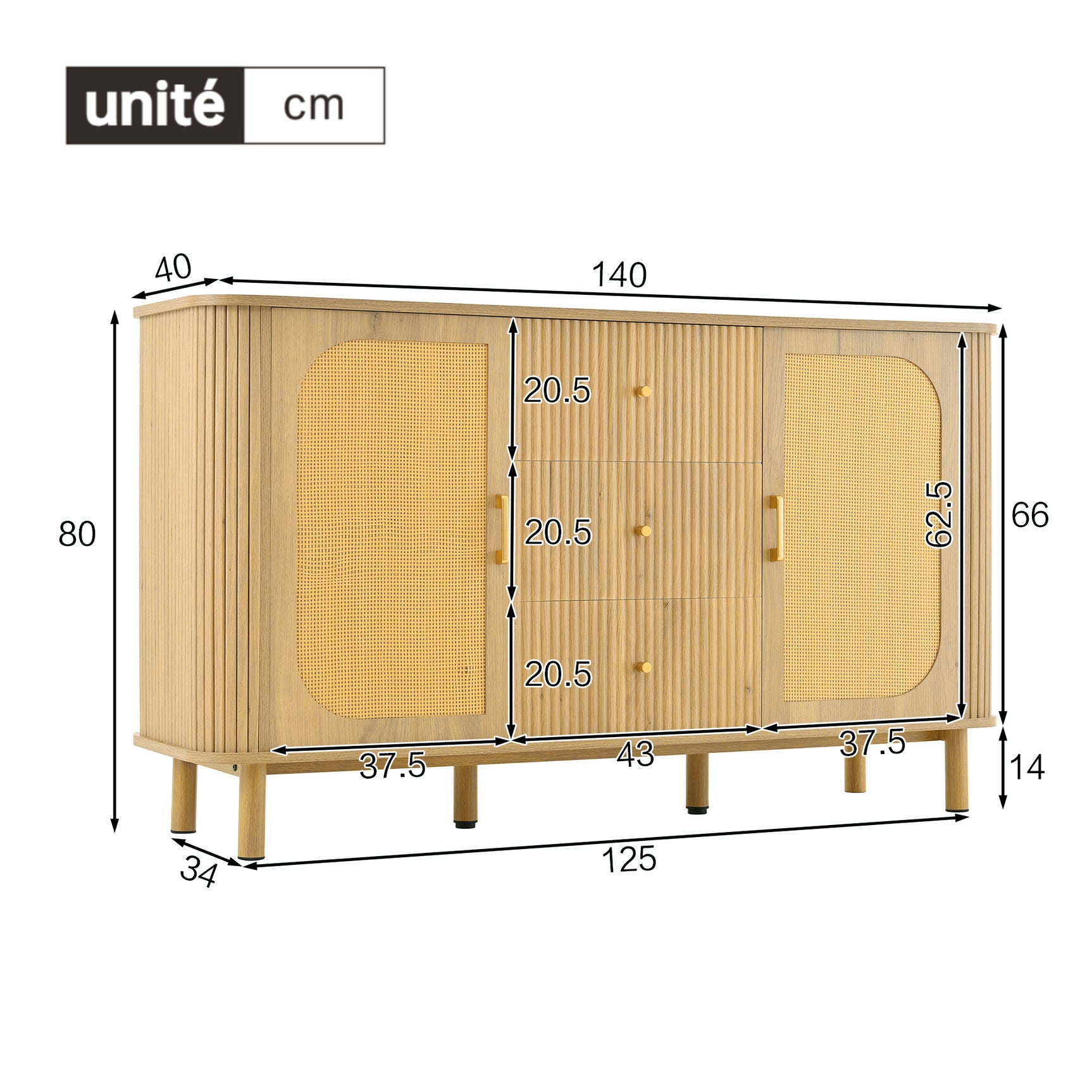 Sideboard Moderne à Rattan et Métal Meuble de Salon avec Schublades Onde 3D et Portes Halbovales Optique de Bois