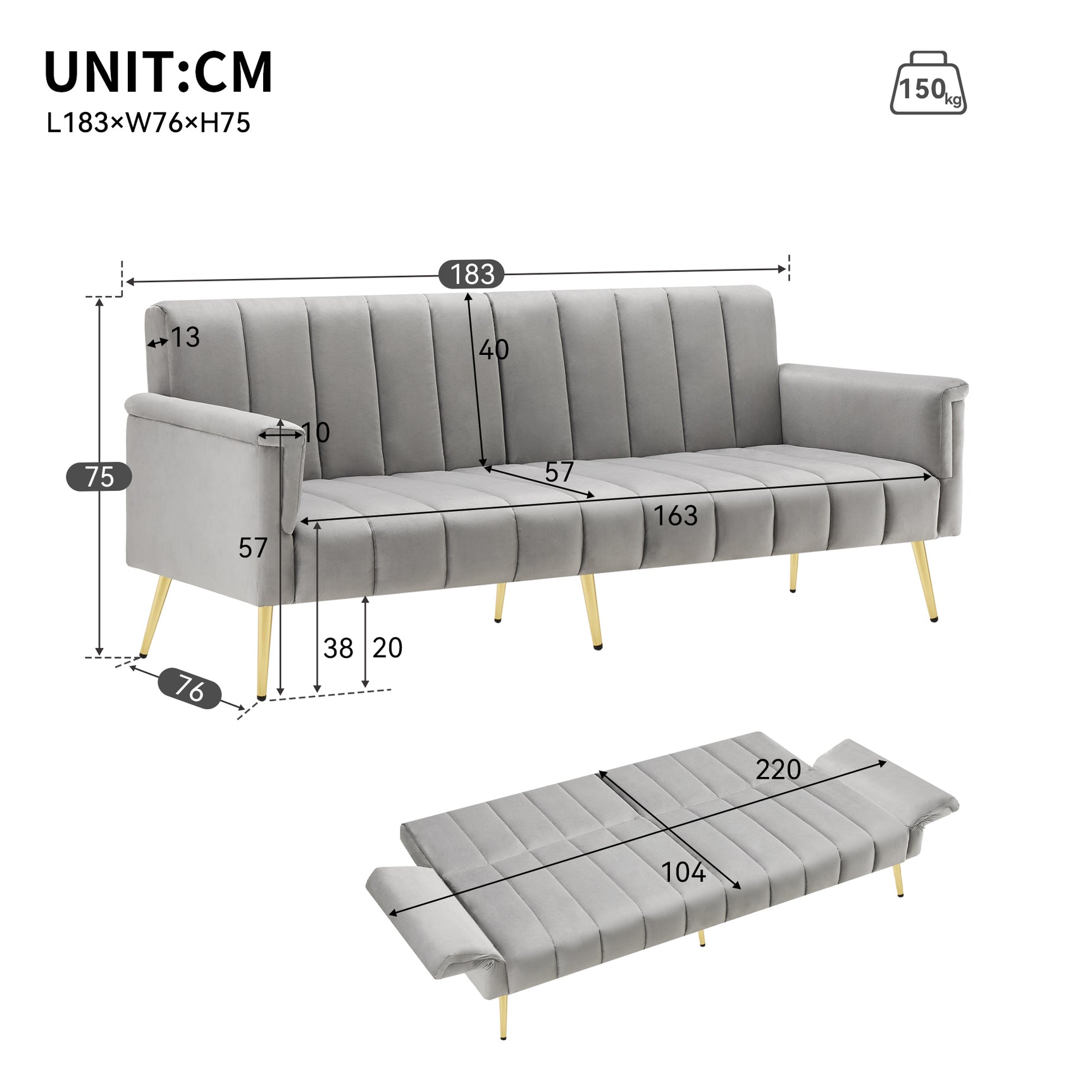 2-seater sofa bed in dark gray fabric with side pockets, modern convertible sofa