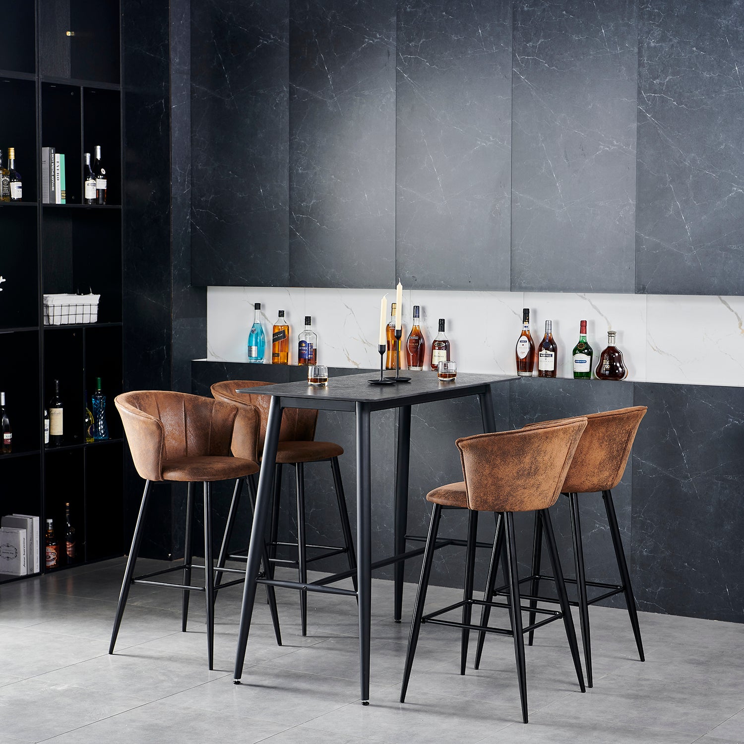 Lot de 4 tabourets de bar industriels avec accoudoirs et dossier en suédine - DONCIC BAR