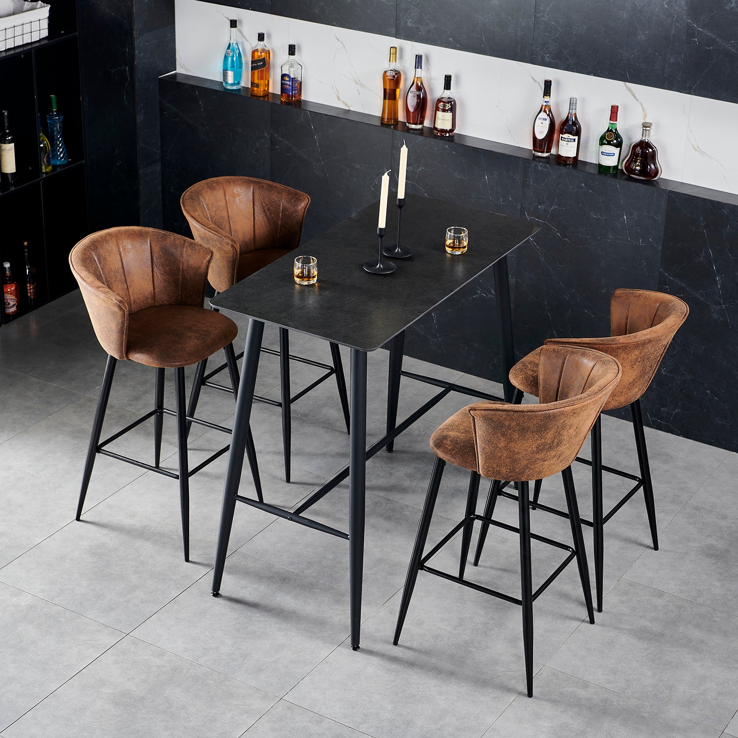 Lot de 4 tabourets de bar industriels avec accoudoirs et dossier en suédine - DONCIC BAR