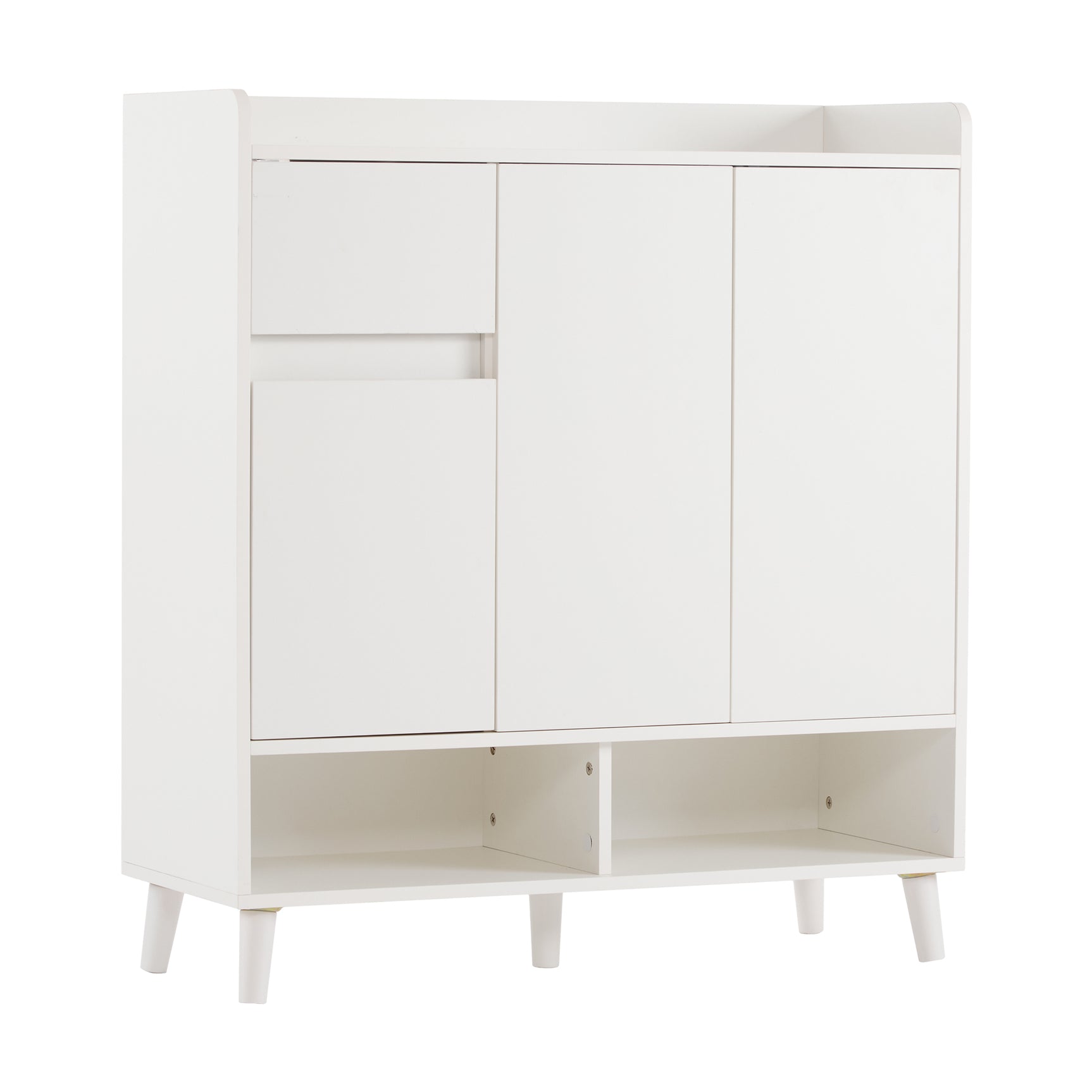 Meuble à chaussures blanc avec étagères réglables, commode minimaliste pour l'entrée, avec pieds en bois massif
