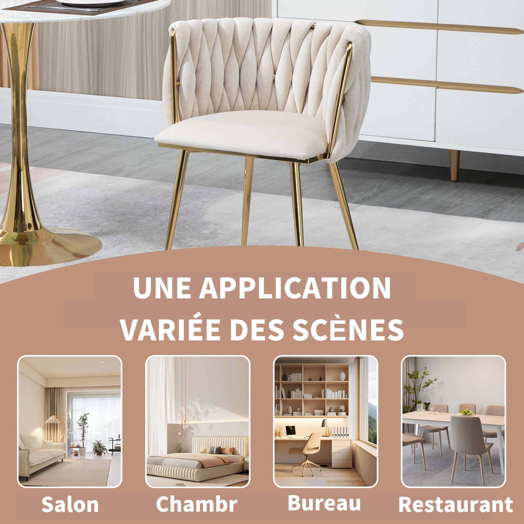 Lot de 2 Chaises en Velours Luxueuses Chaises à Dos Tressé avec Pieds Métal Doré pour Salon Chambre à Coucher Salle à Manger