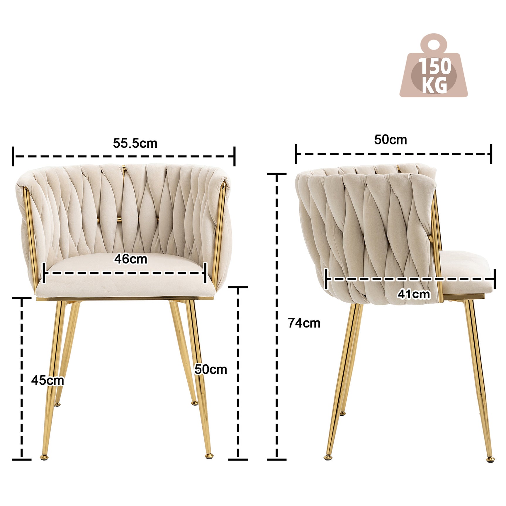 Lot de 2 Chaises en Velours Luxueuses Chaises à Dos Tressé avec Pieds Métal Doré pour Salon Chambre à Coucher Salle à Manger