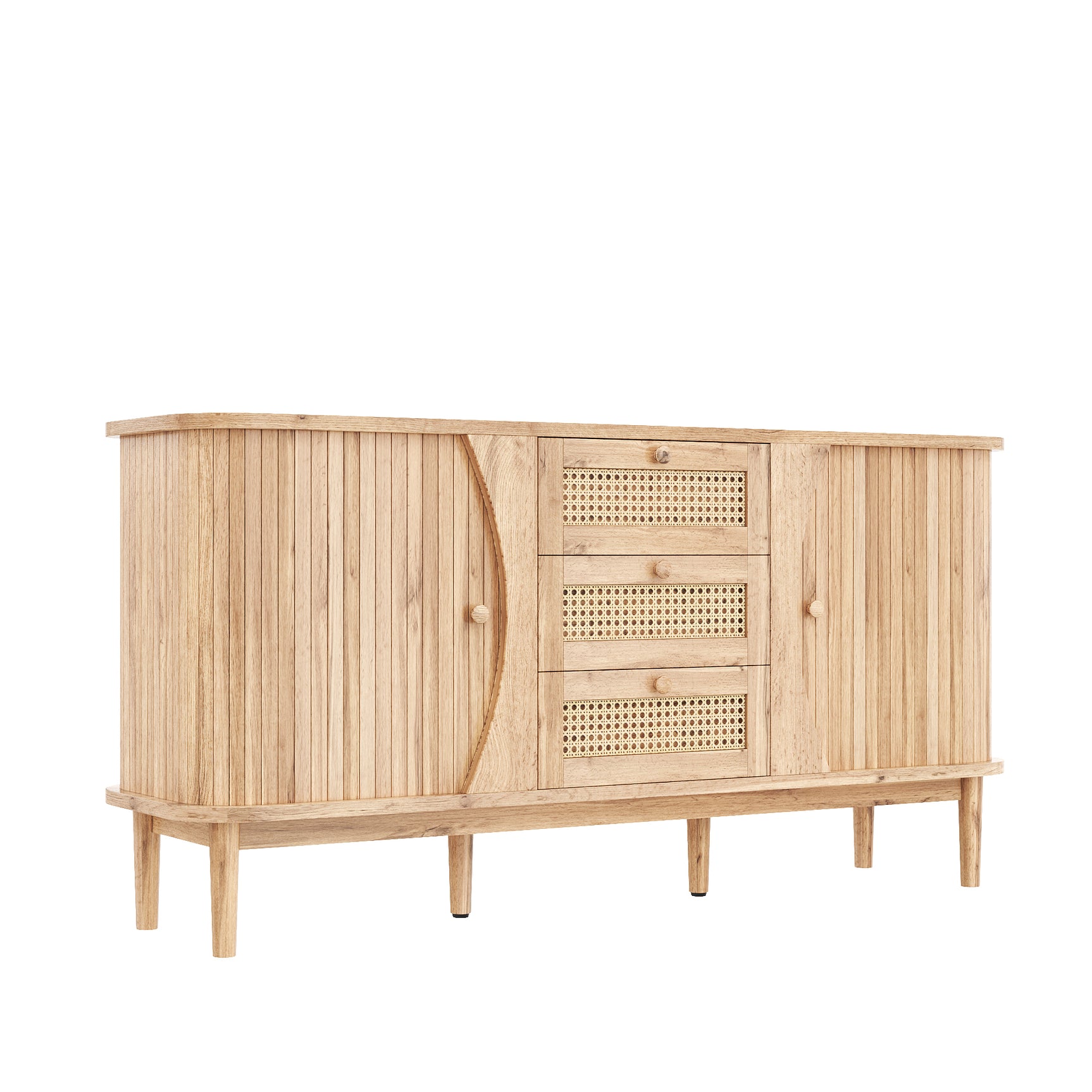 Buffet en bois avec portes coulissantes en cannage, 3 tiroirs et étagères réglables, plateau arrondi