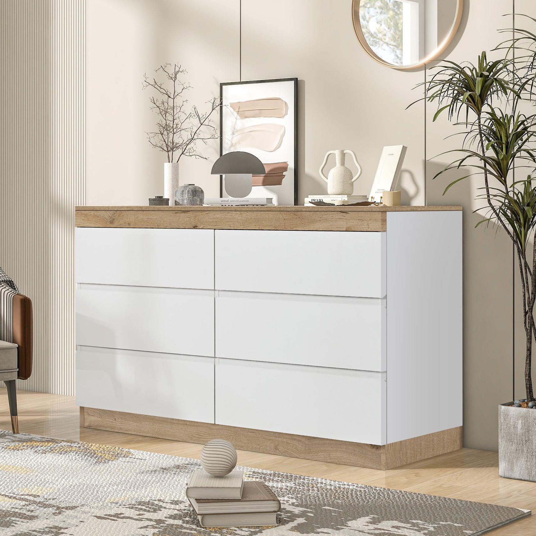 Commode blanche et chêne en panneau de particules E1 avec 6 tiroirs spacieux