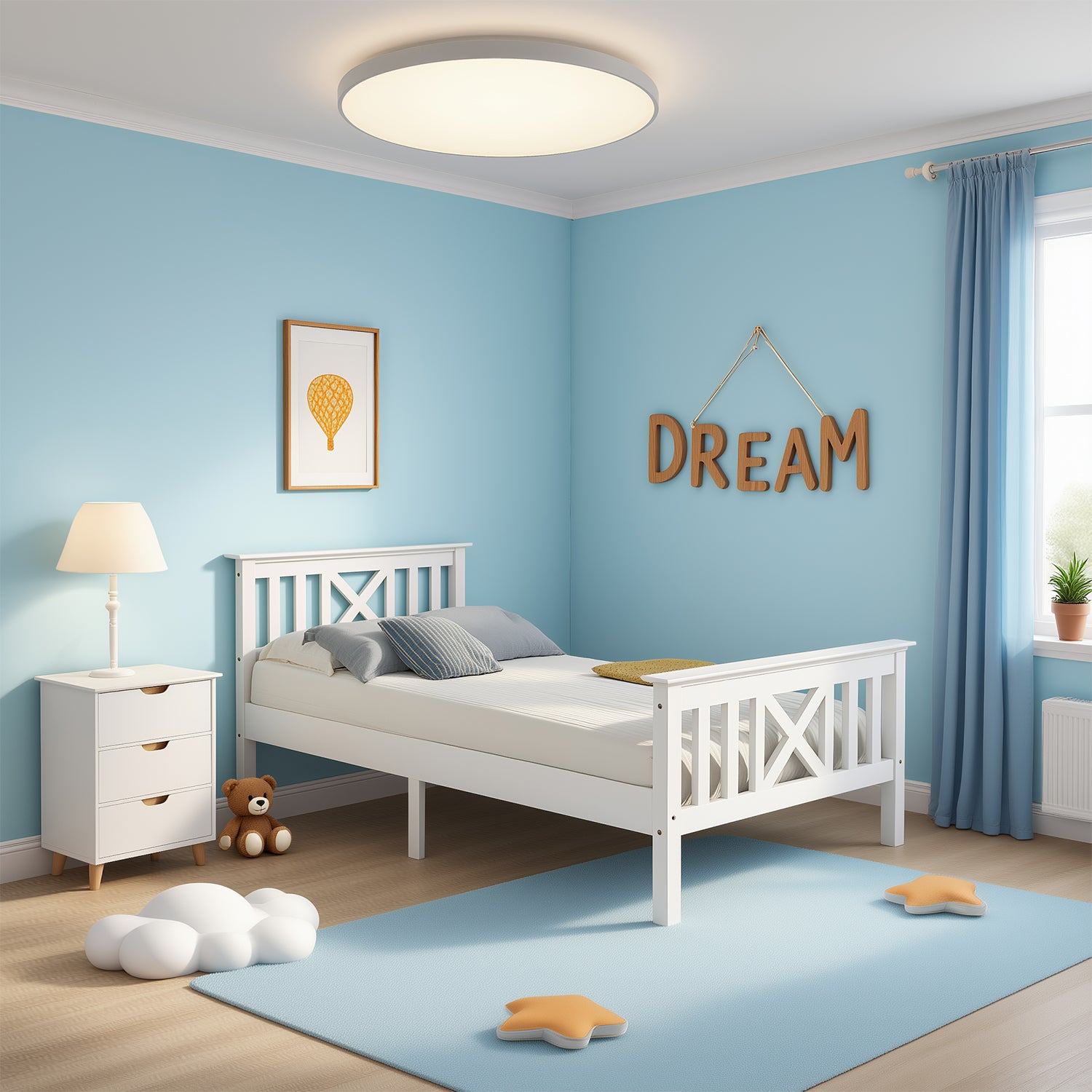 Lit simple 90x200 cm blanc en bois massif de pin avec sommier à lattes et tête de lit (sans matelas)