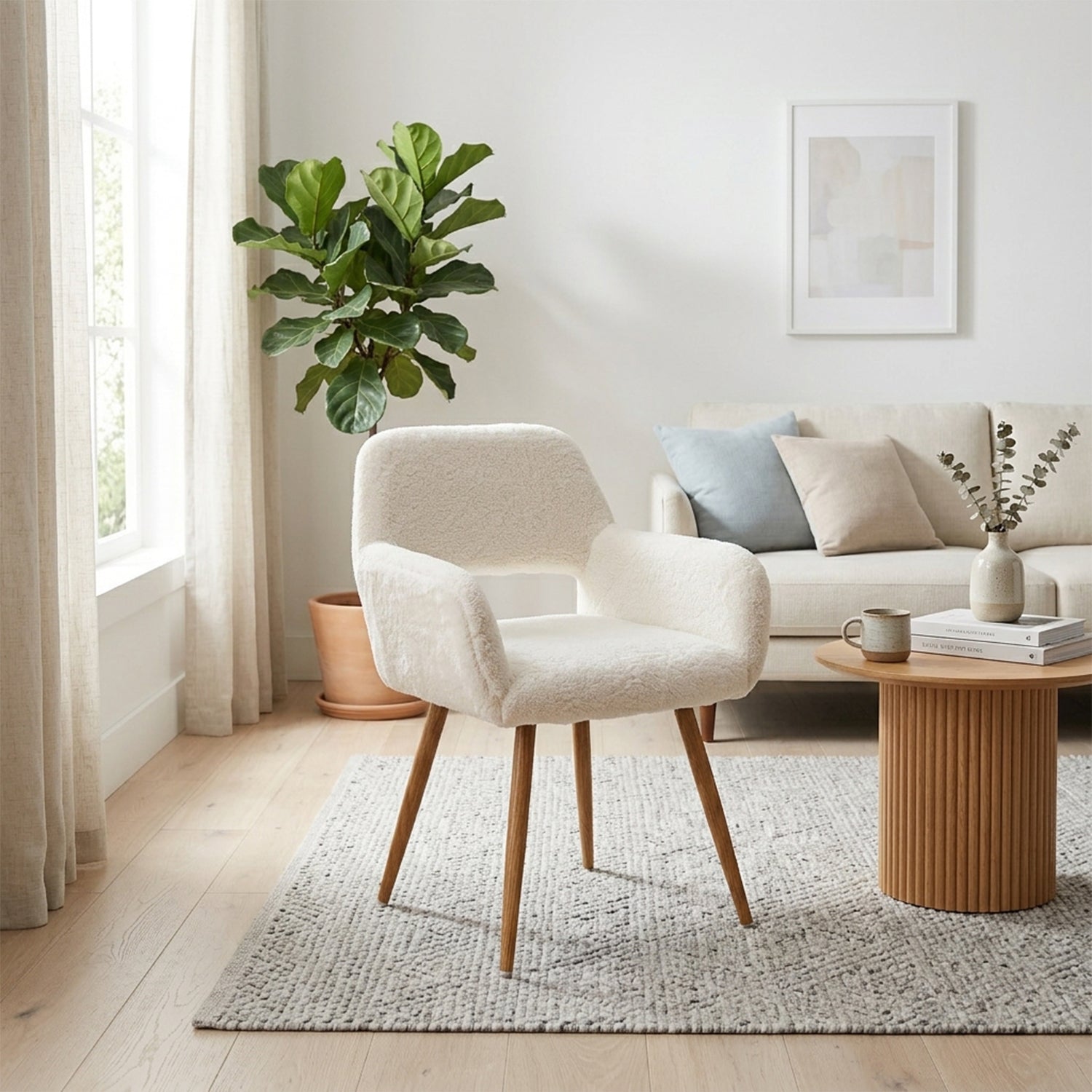 Lot de 6 fauteuils de salle à manger de style scandinave en fausse fourrure blanche avec pieds en métal effet bois