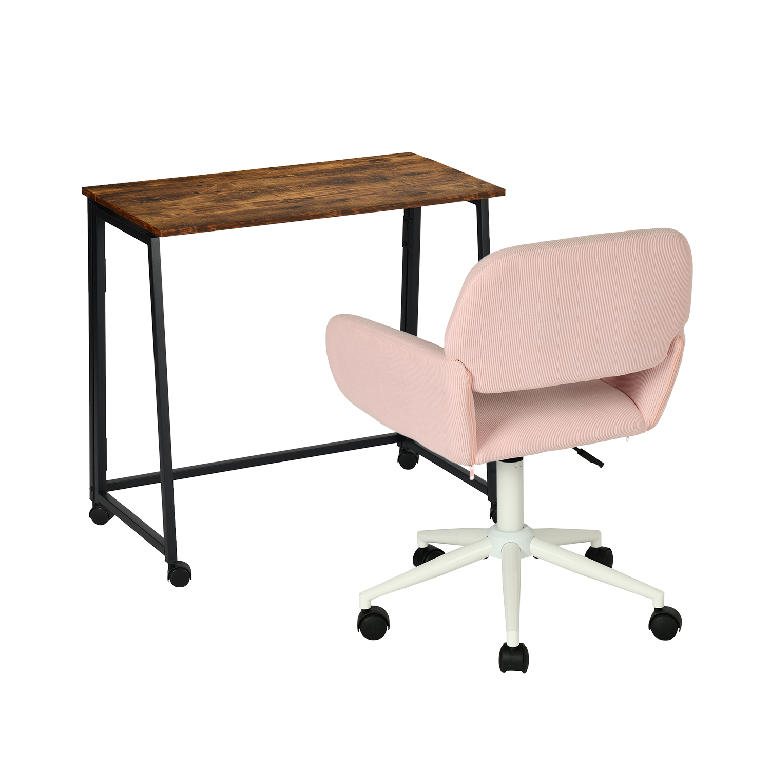 Set with industrial foldable office on wheels and pink velvet chair - Ascoli & Ross