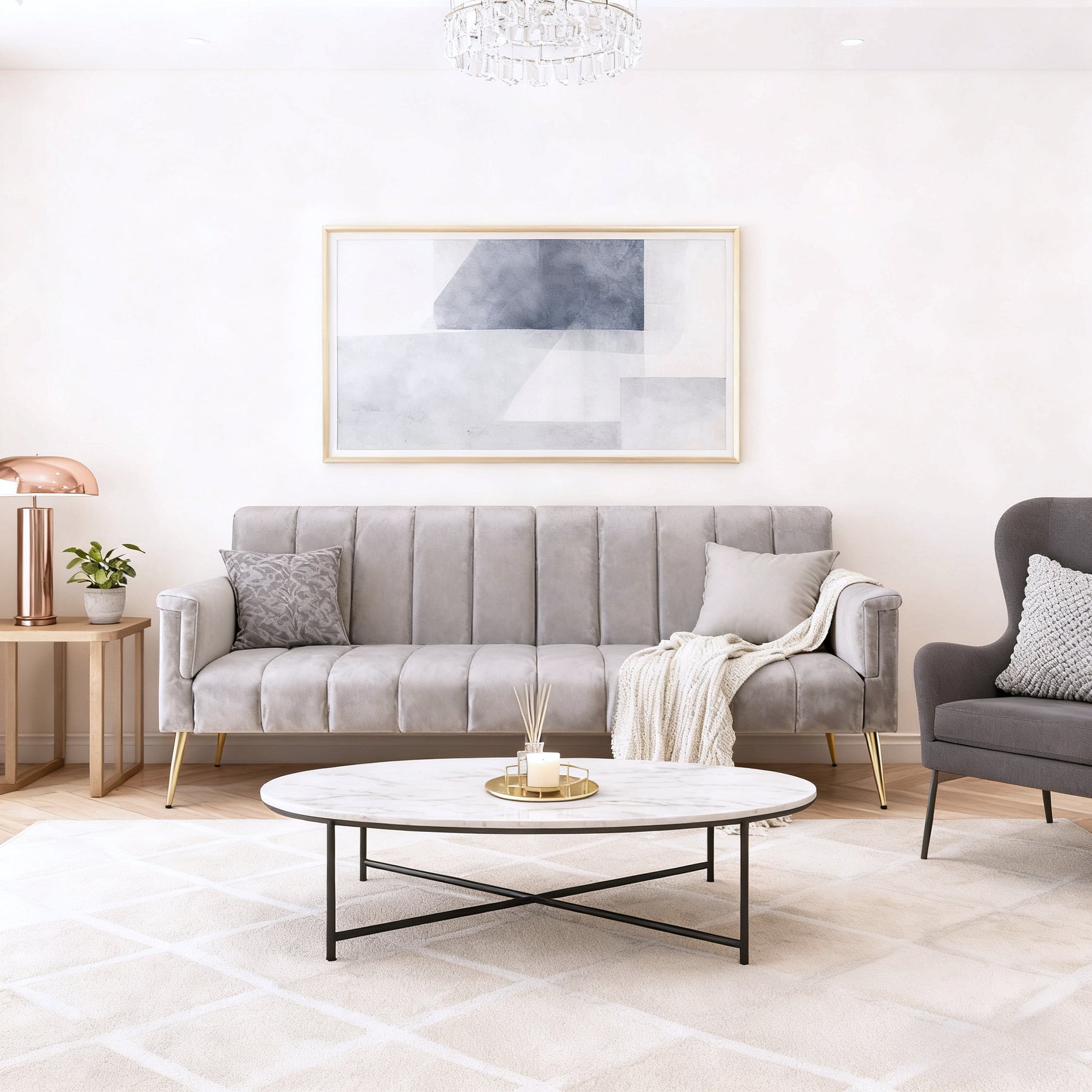 2-seater sofa bed in dark gray fabric with side pockets, modern convertible sofa