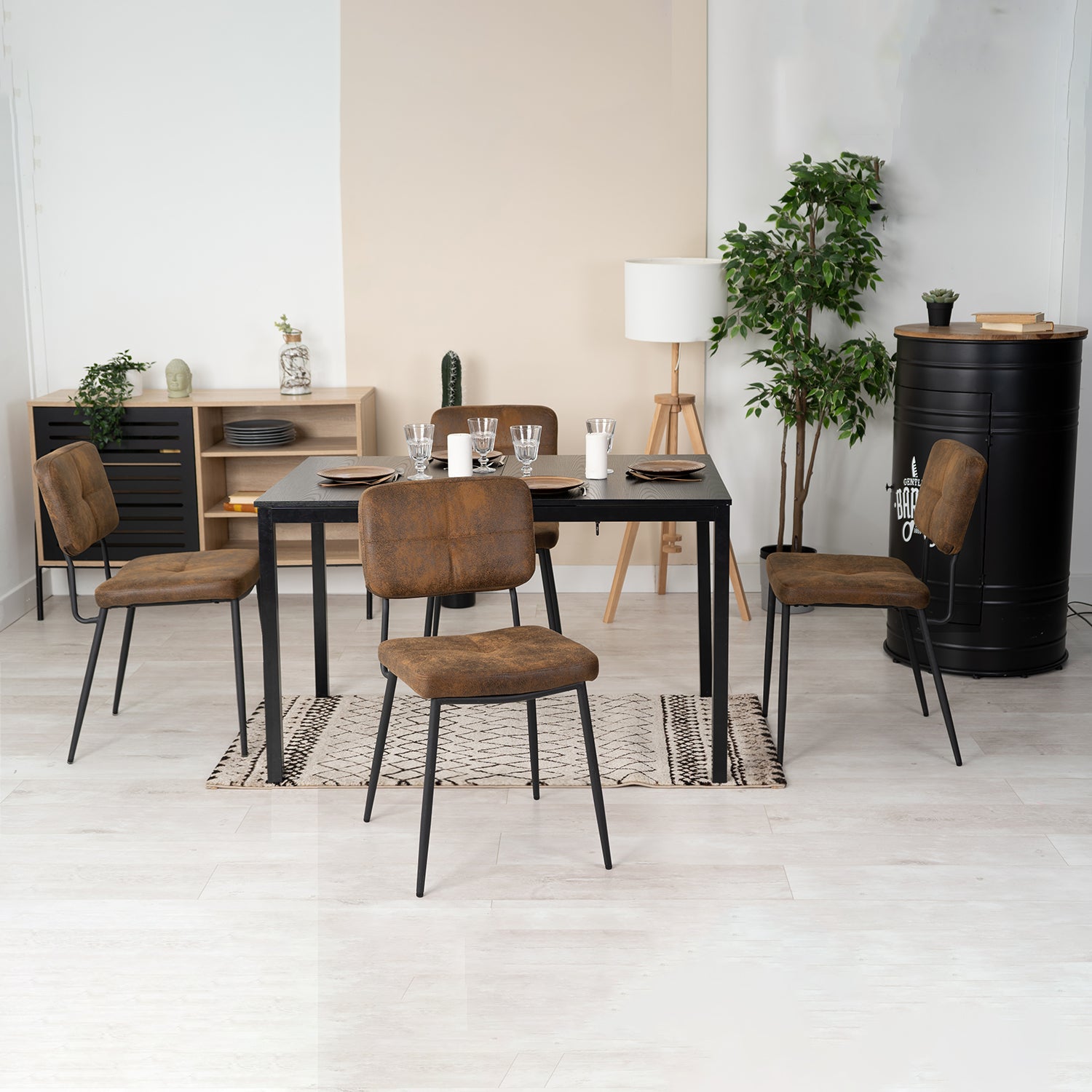 Round Table Table Table Table Timber Ø80 cm with 4 black velvet chairs, modern and comfortable style