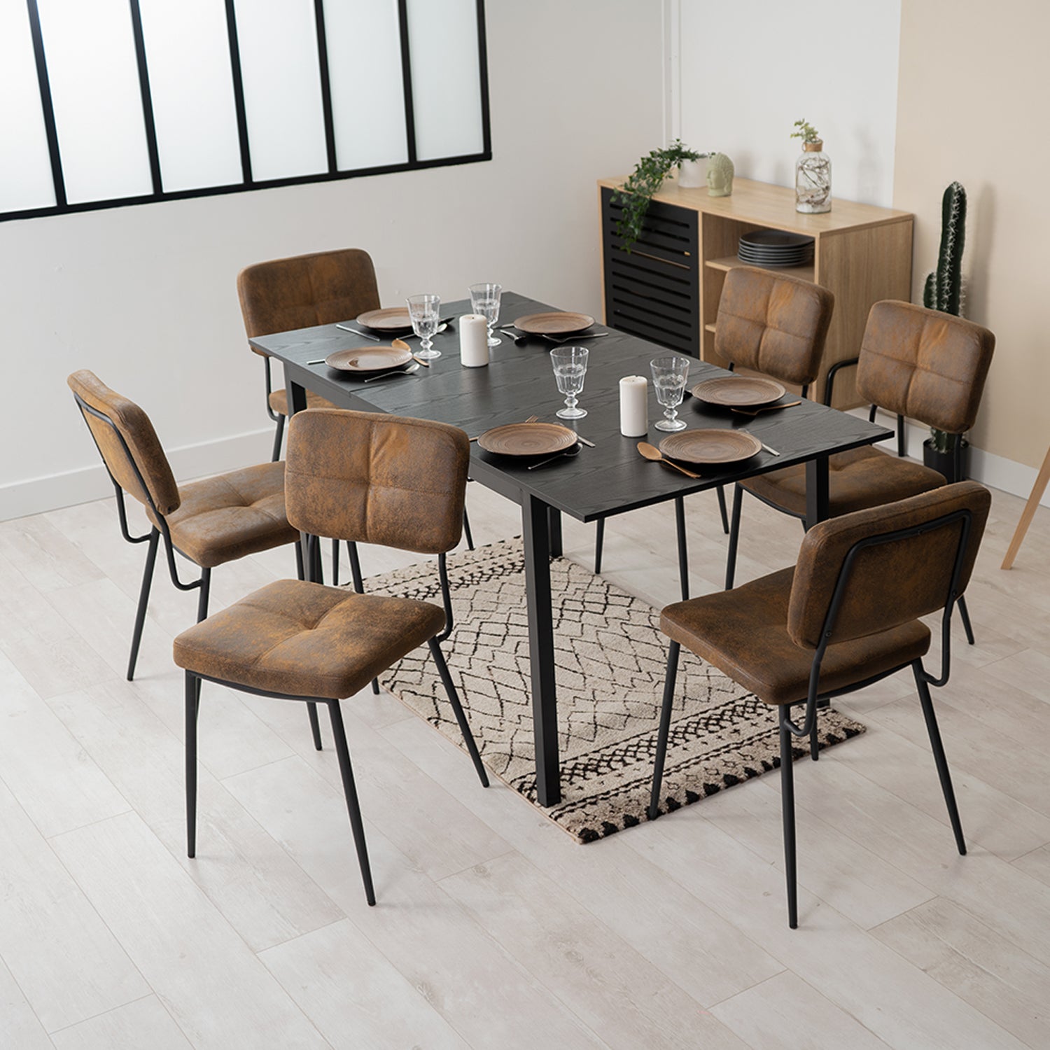 Ensemble table à manger extensible noire et 6 chaises en tissu suédine, style scandinave
