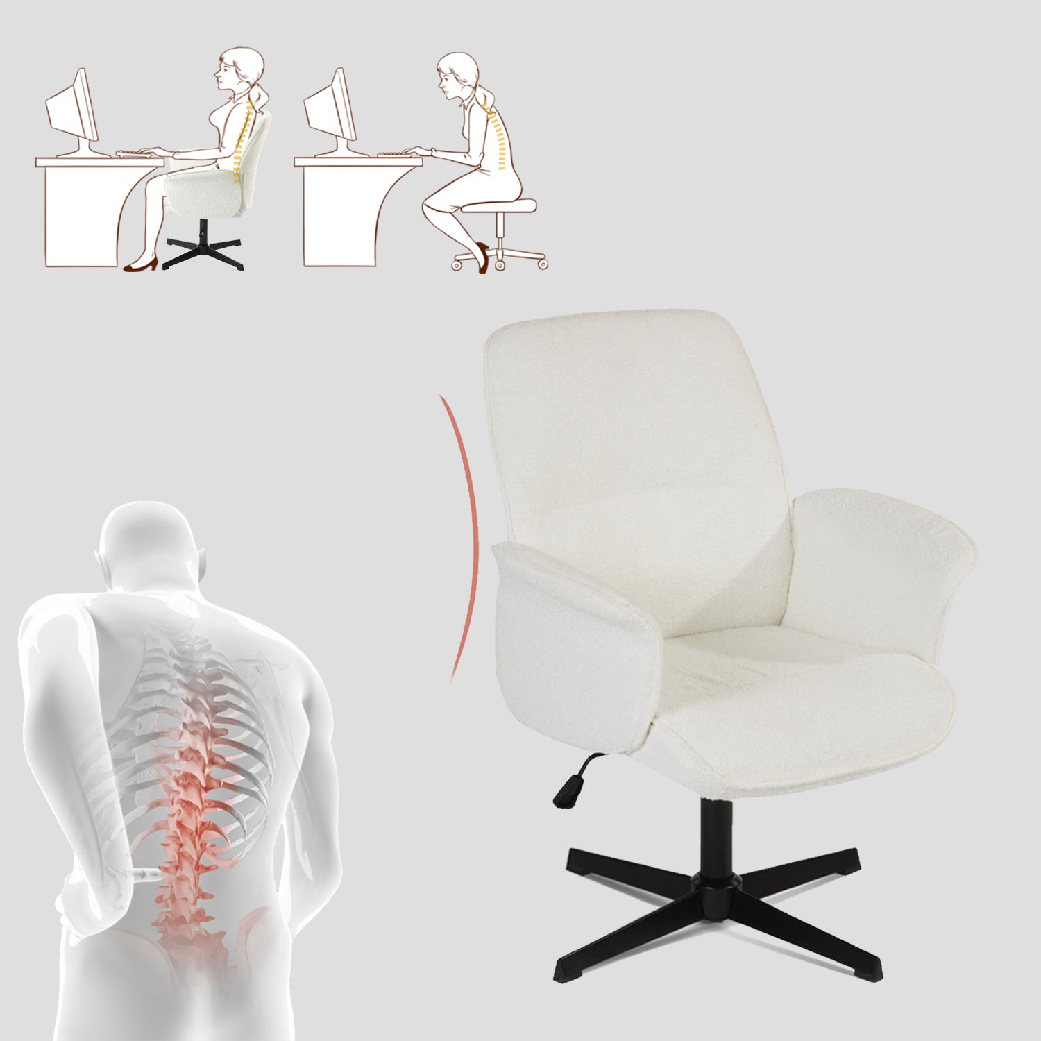 Fauteuil de bureau ergonomique réglable pivotant avec accoudoirs en tissu bouclette blanc - THOMASINA