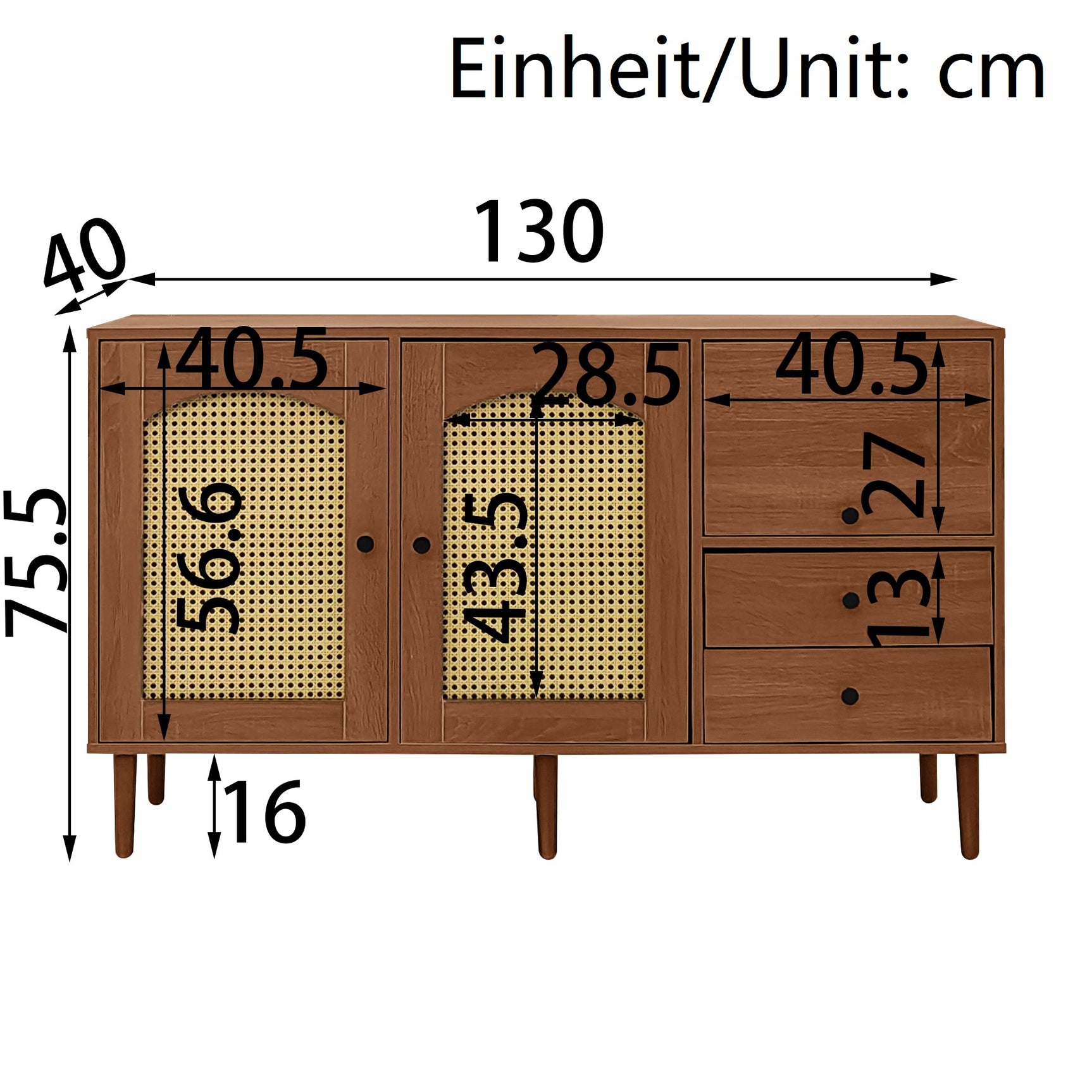 Buffet en bois style campagne avec portes en cannage, étagères réglables et tiroirs 130 × 75,5 × 40 cm