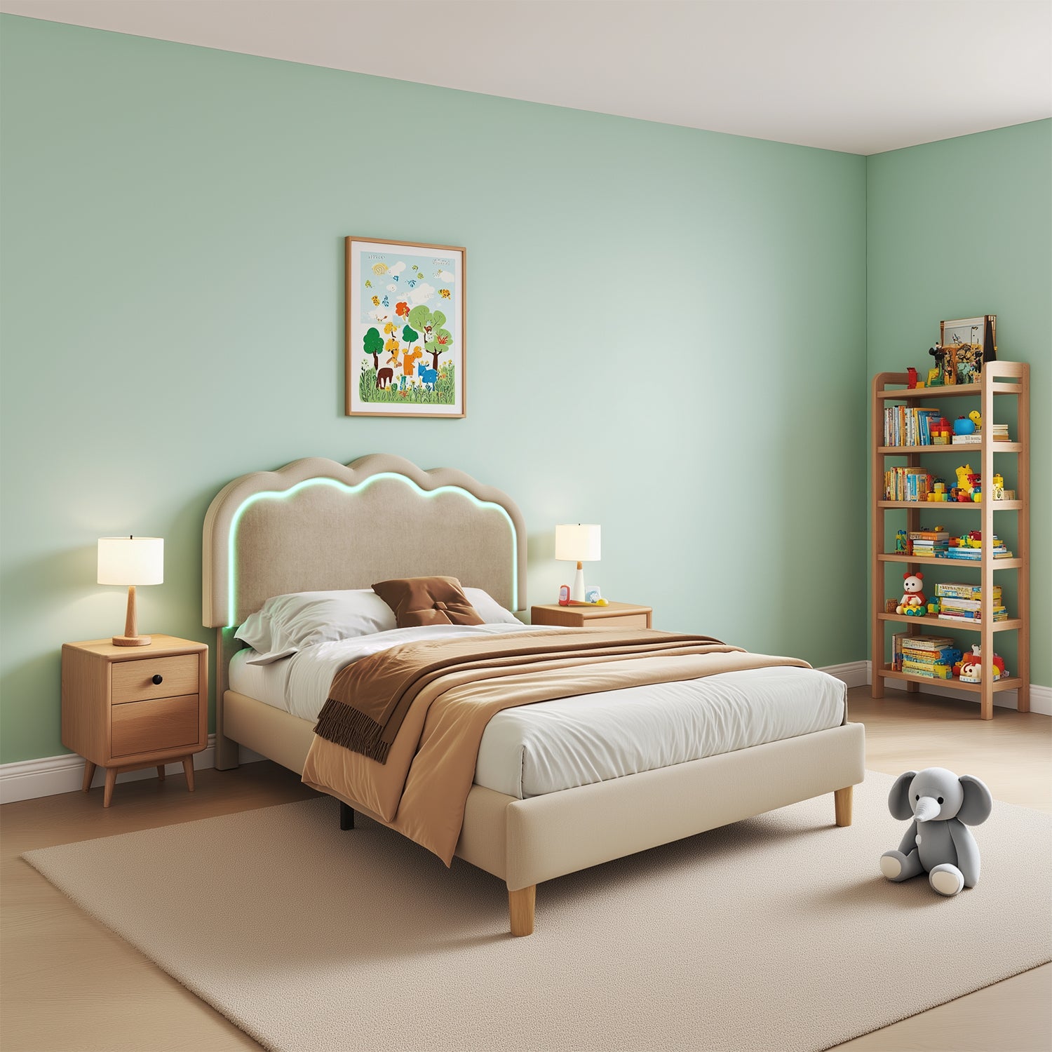 Packaged children's bed 90 × 190 cm with LED, in beige linen with adjustable headboard and slatted base (without mattresses)