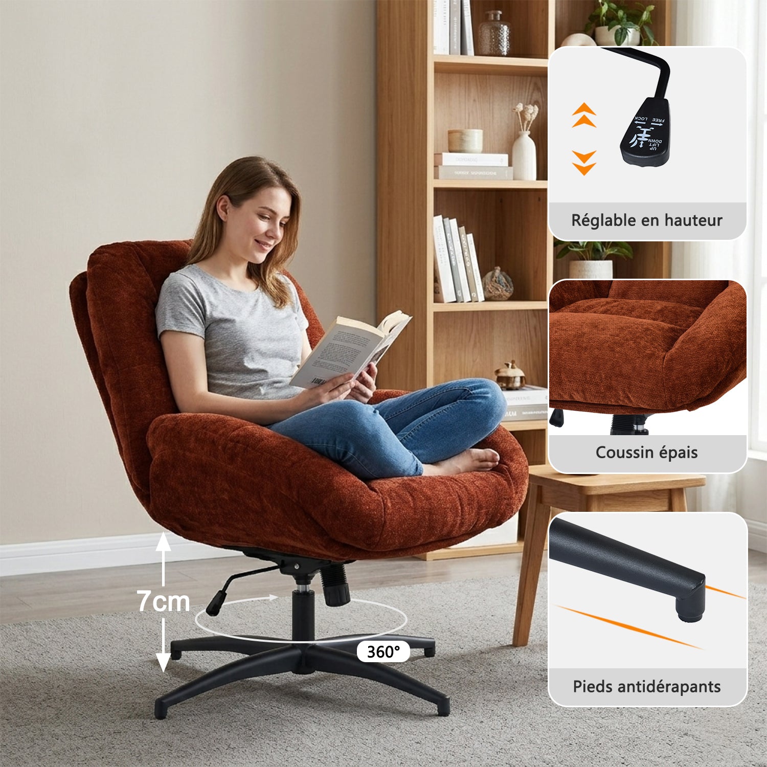 Fauteuil de bureau pivotant scandinave avec accoudoirs en tissu chenille, réglable, terracotta - LITHOPS FIX