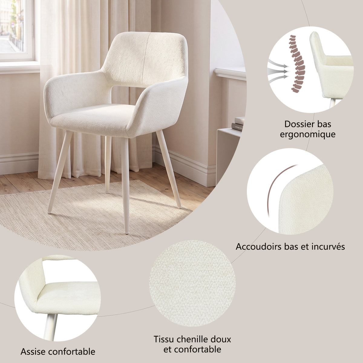 Set of 2 Scandinavian dining room armchairs with beige fabric armrests - Cromwell