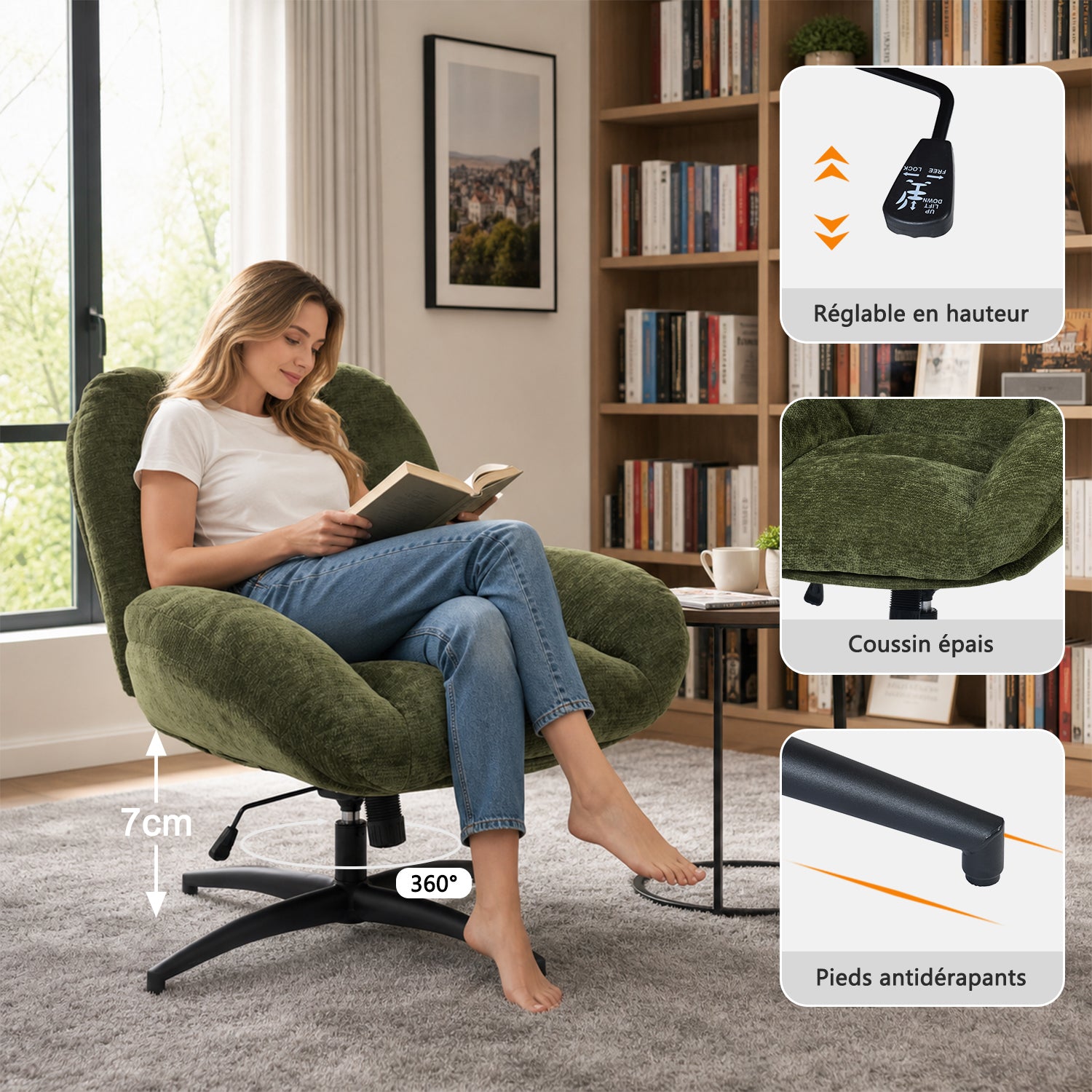 Fauteuil de bureau pivotant scandinave avec accoudoirs en tissu chenille, réglable, vert - LITHOPS FIX