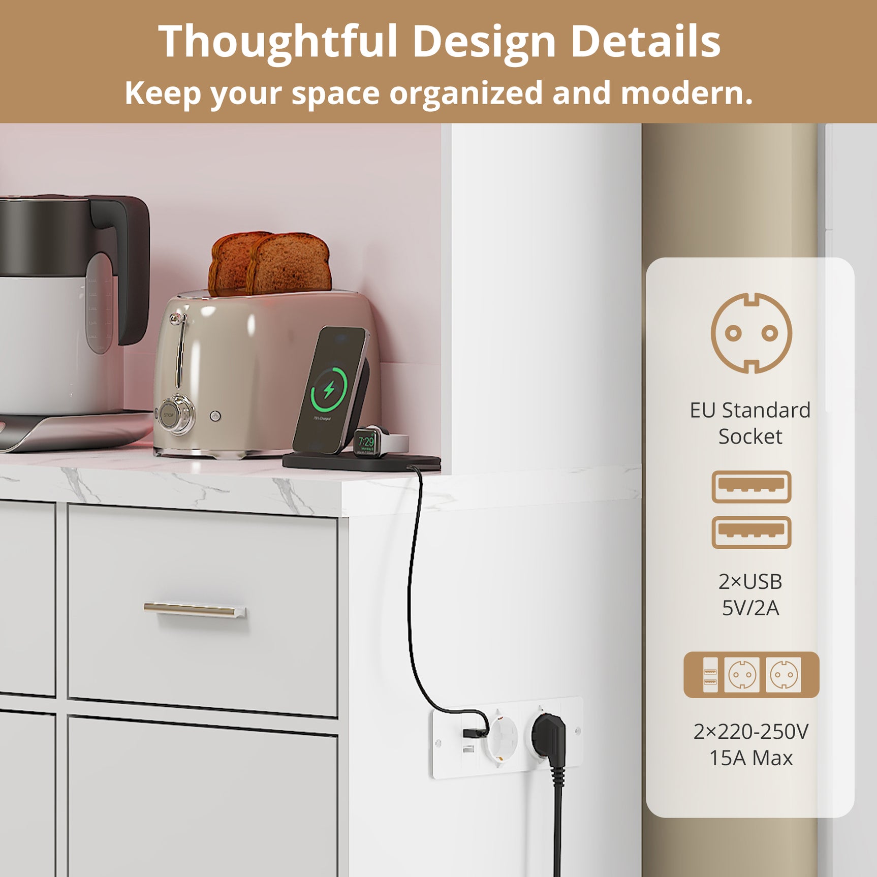 Buffet de cuisine multifonction 100x40x180 cm en MDF blanc avec LED télécommandées, prises électriques, ports USB, tiroirs et étagères réglables