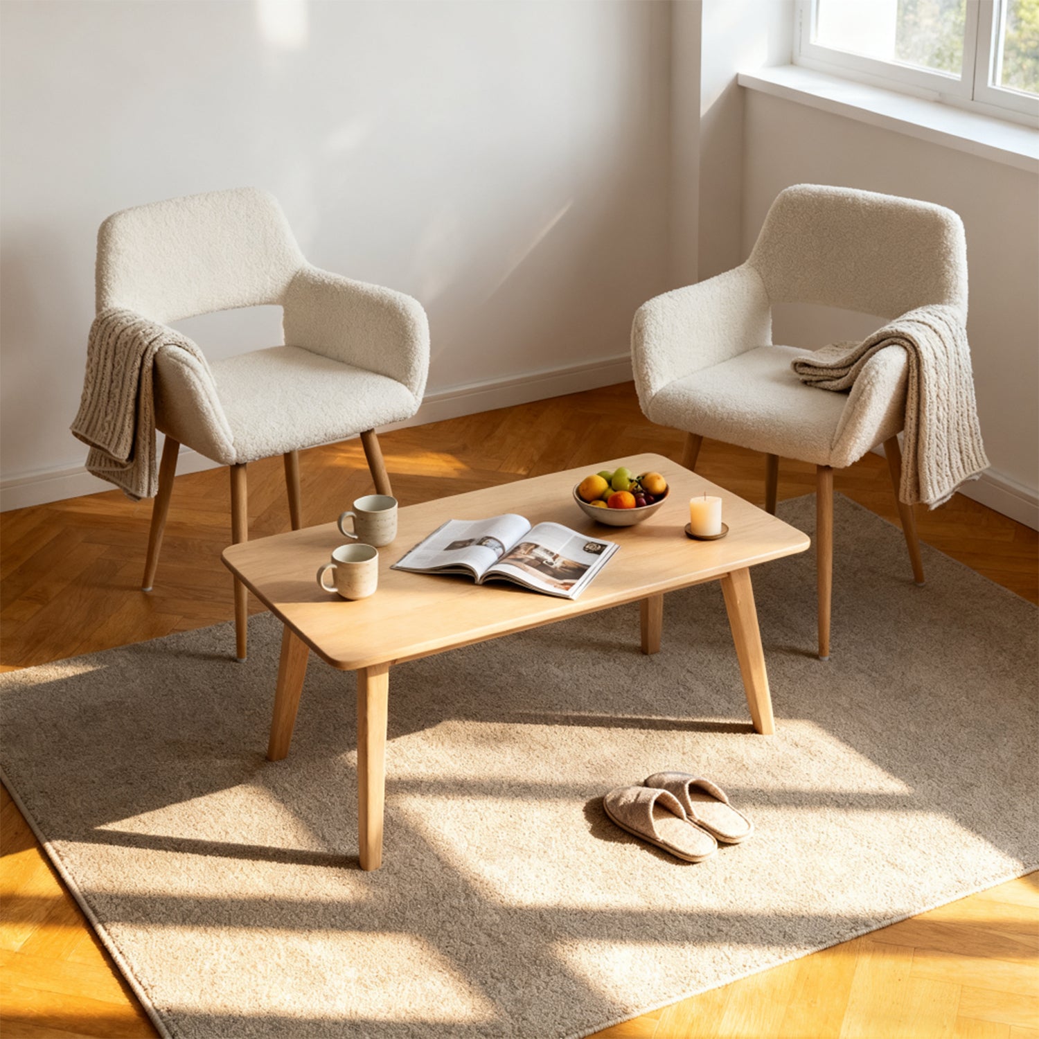 Lot de 2 fauteuils de salle à manger scandinaves avec accoudoirs en tissu mouton bouclette beige - CROMWELL