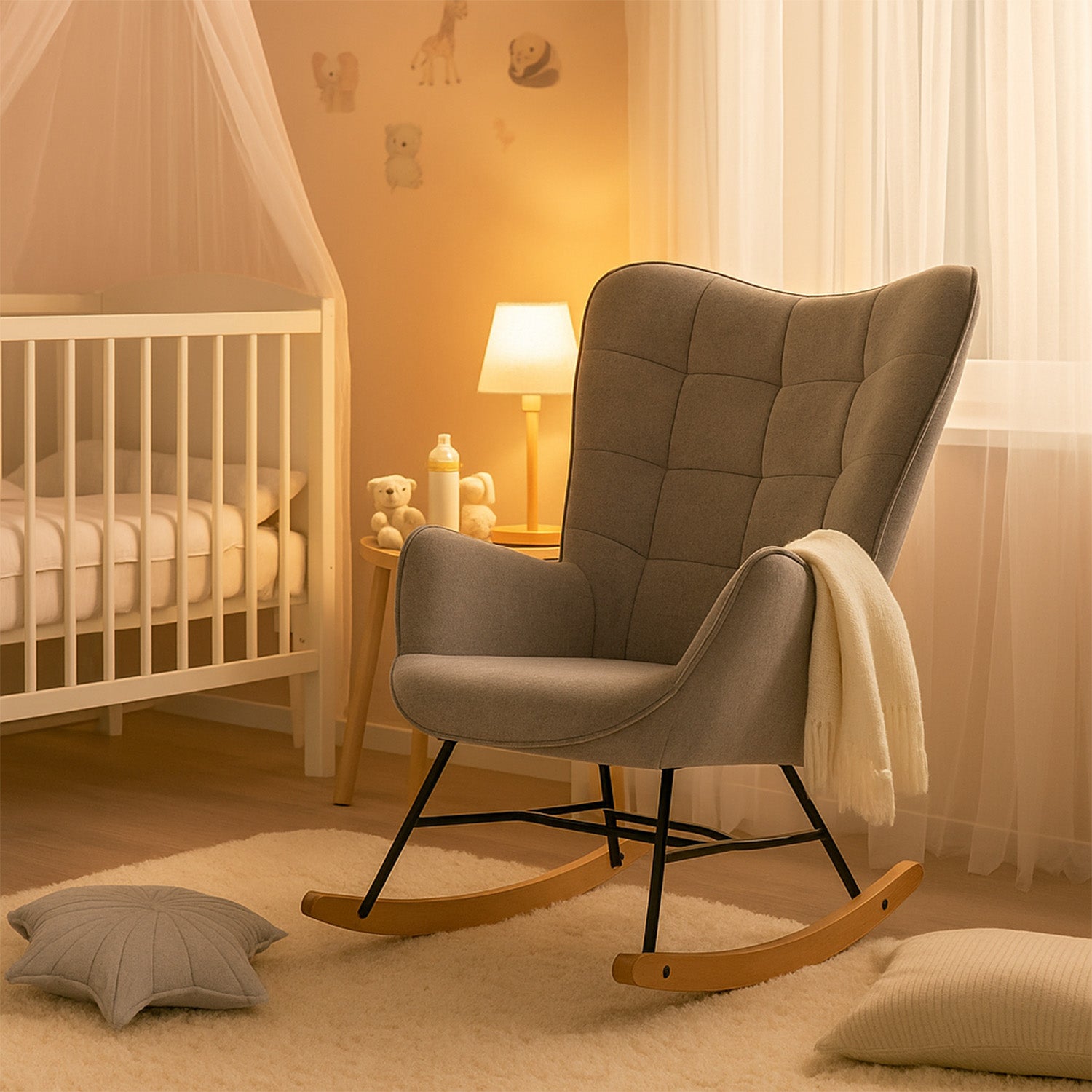 Scandinavian breastfeeding armchair with armrests in gray fabric with stitching - Funkel