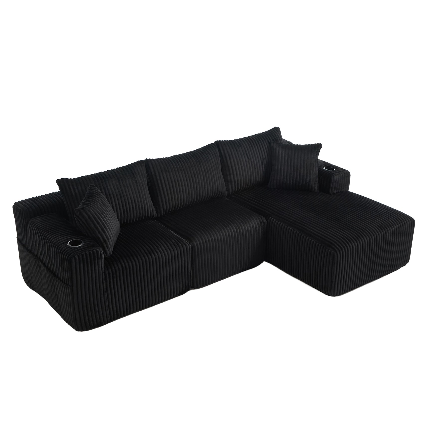 Ensemble canapé avec coussins, poches latérales et porte-gobelets en velours côtelé doux pour salon, noir