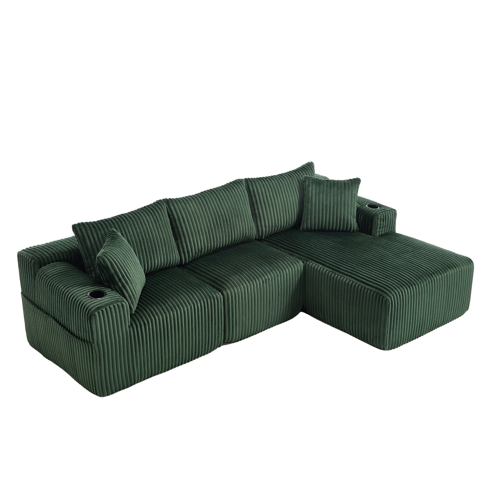 Ensemble canapé avec coussins, poches latérales et porte-gobelets en velours côtelé doux pour salon, vert