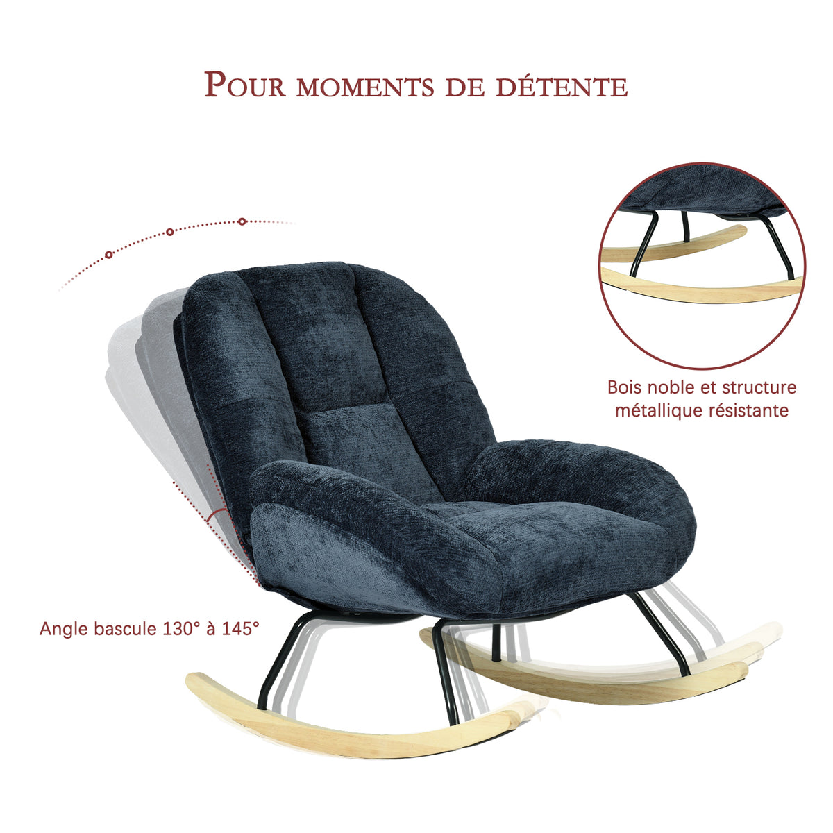 Fauteuil à bascule scandinave en tissu chenille avec accoudoirs pour salon ou chambre à coucher, bleu - LITHOPS