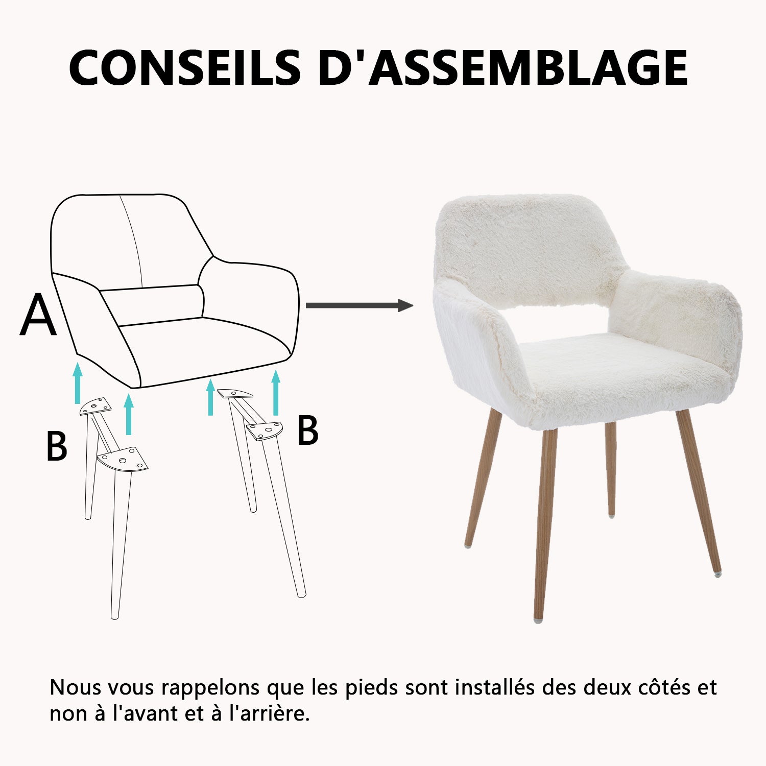 Lot de 2 fauteuils de salle à manger de style scandinave en fausse fourrure blanche avec pieds en métal effet bois
