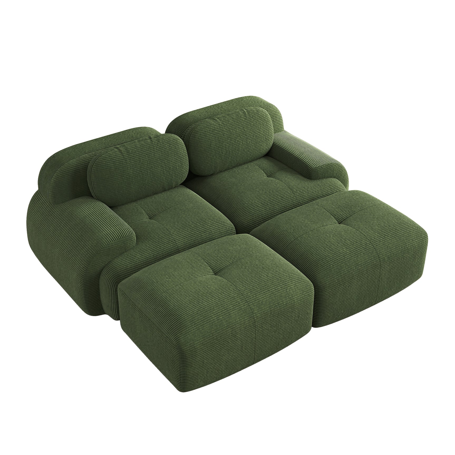 Ensemble de canapés avec accoudoirs incurvés et base antidérapante en tissu velours côtelé doux pour le salon, vert, siège 2 + tabouret 2