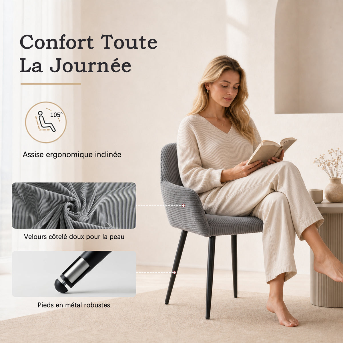 Lot de 4 fauteuils de salle à manger scandinaves avec accoudoirs en velours côtelé gris - CROMWELL CORDUROY