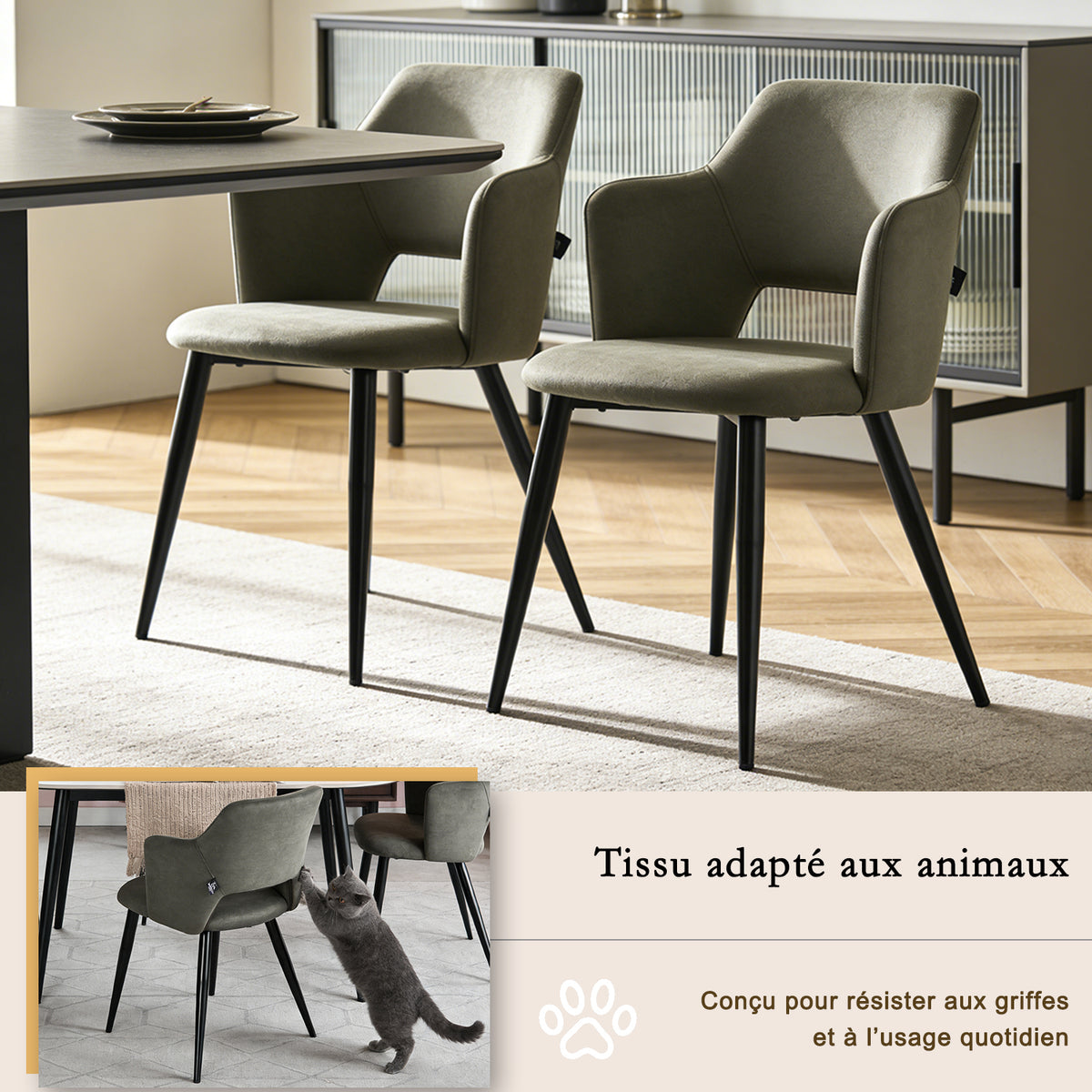 Ensemble de salle à manger comprenant une table extensible et 4 fauteuils avec accoudoirs en tissu vert