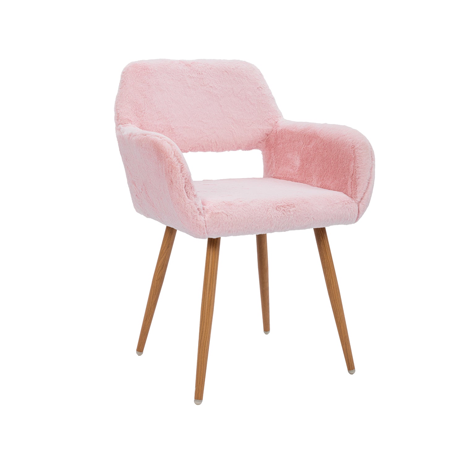 Chaise de salle à manger de style scandinave en fausse fourrure rose avec pieds en métal effet bois