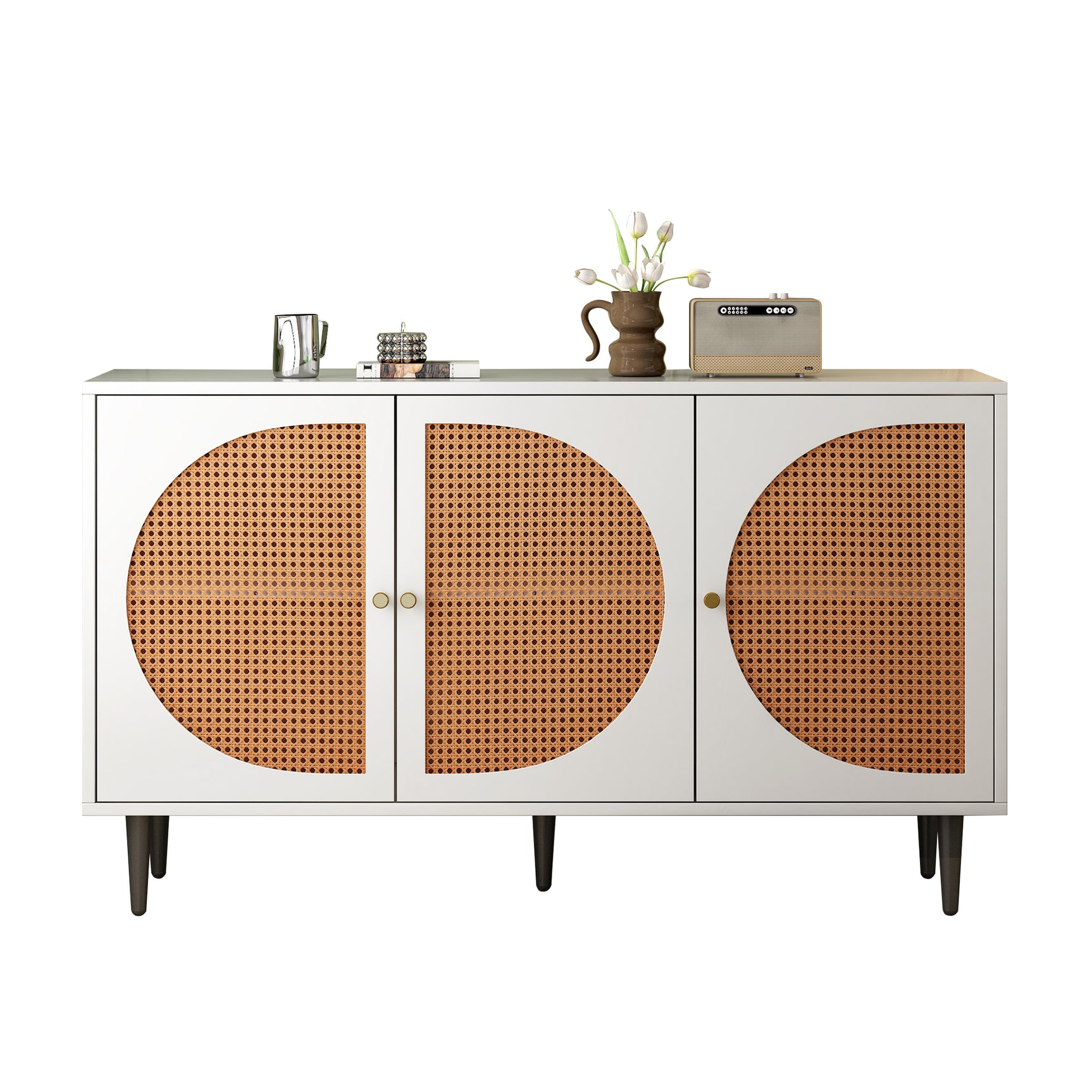 Modernes weißes Buffet mit 3 Rattan -Türen und Metallfüßen