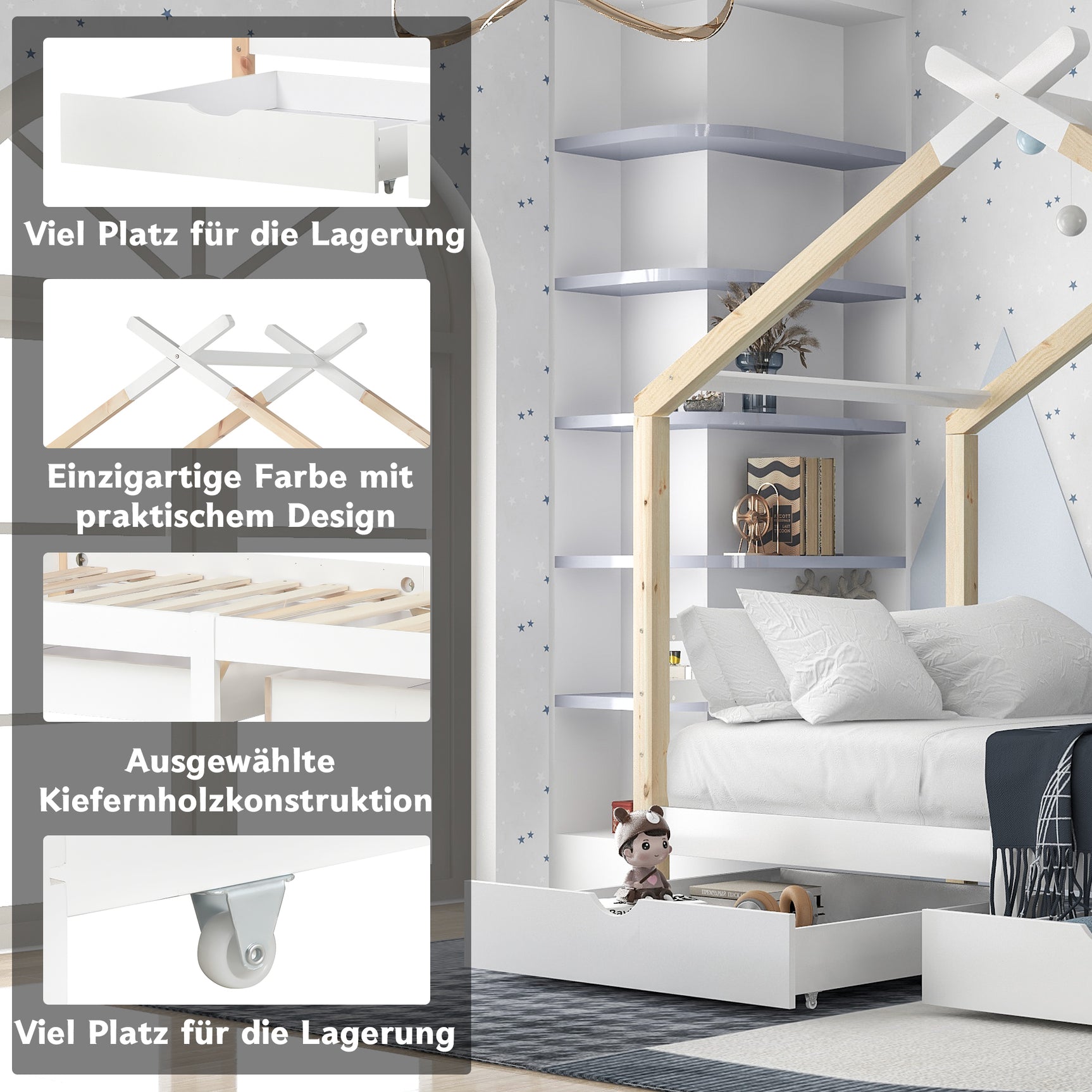 Lit cabane enfant 90x200 cm blanc et bois en bois massif avec sommier à lattes et 2 tiroirs de rangement (sans matelas)