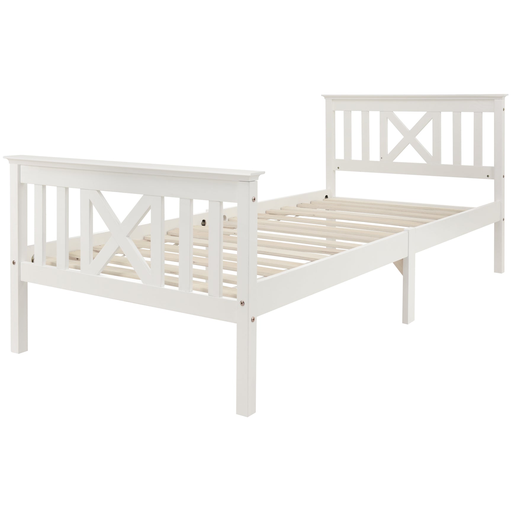 Lit simple 90x200 cm blanc en bois massif de pin avec sommier à lattes et tête de lit (sans matelas)