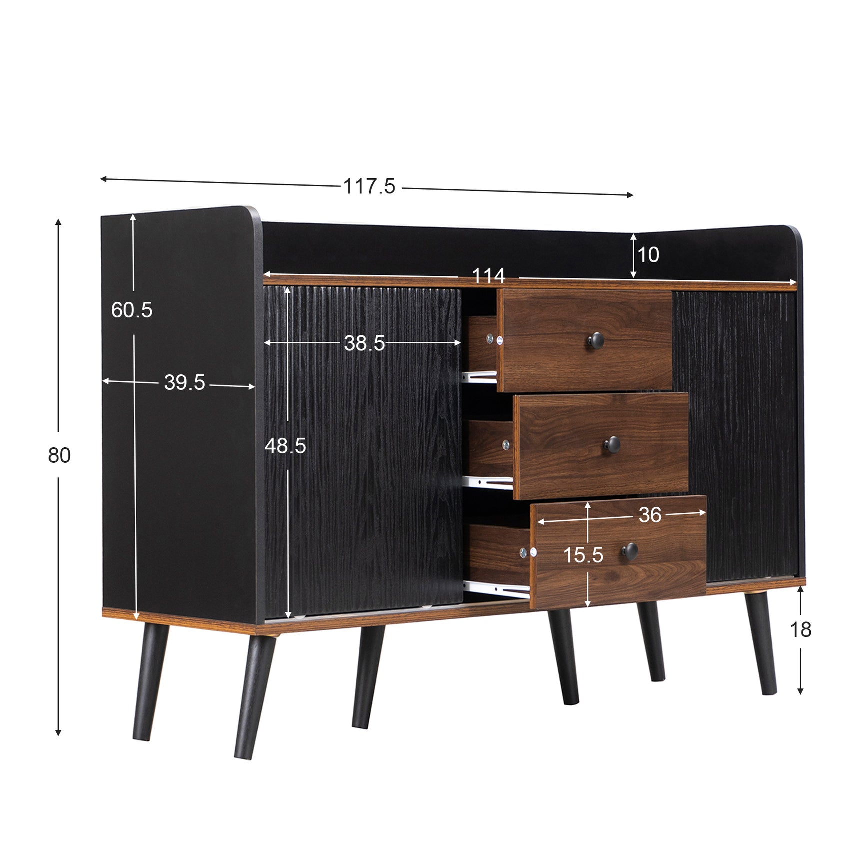 Modernes Sideboard in Schwarz und Holz mit 3 Schubladen und gerippten Schiebetüren