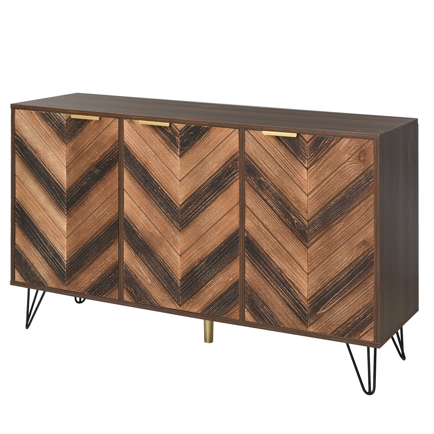 Sideboard exclusif 120x38x76,5 cm à 3 portes en placage de bois massif, griffes dorées et pieds en fer, idéal pour salon et salle à manger