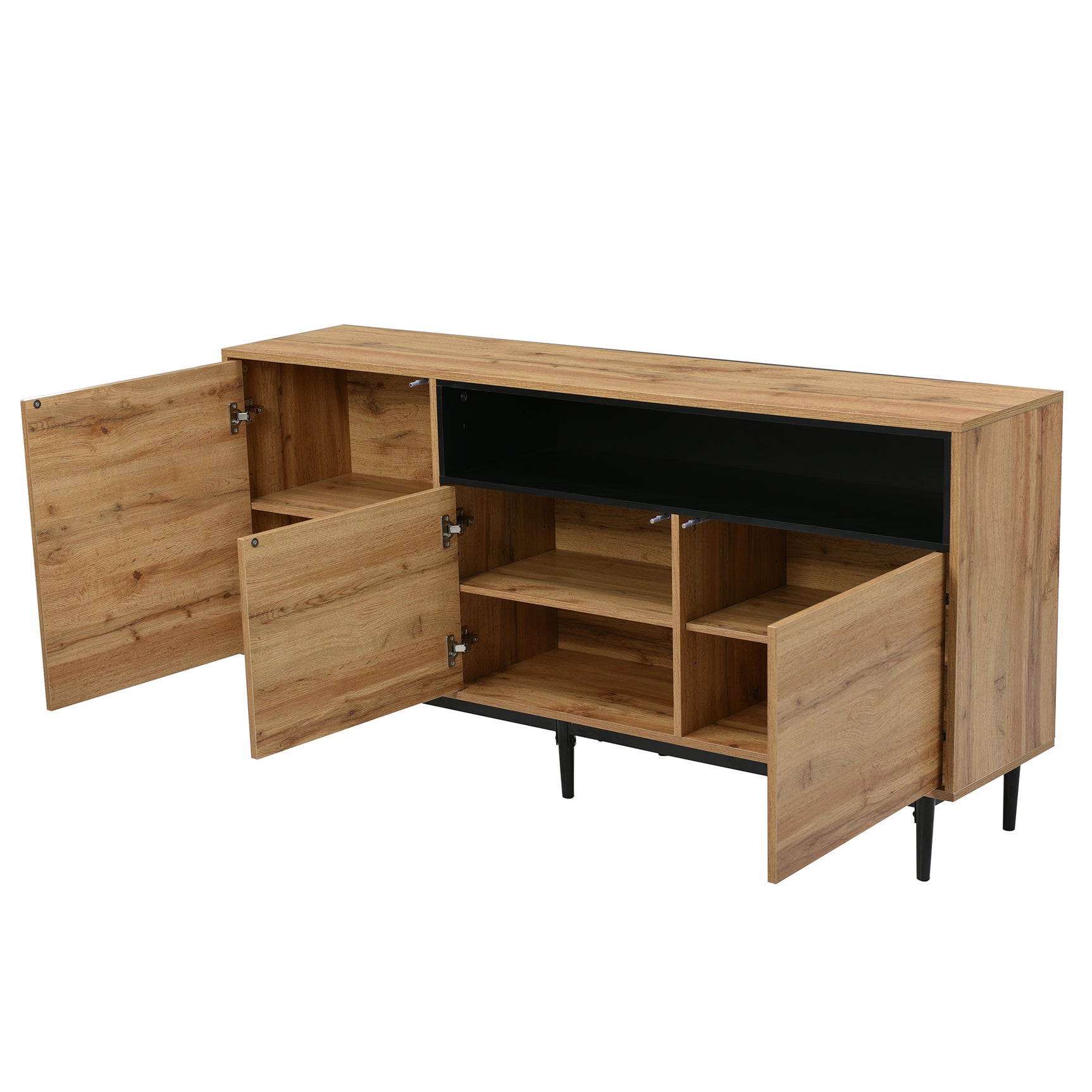Buffet bas moderne 160 cm en bois naturel avec 3 portes, étagères réglables et pieds noirs ââ‚?160 x 35 x 76 cm