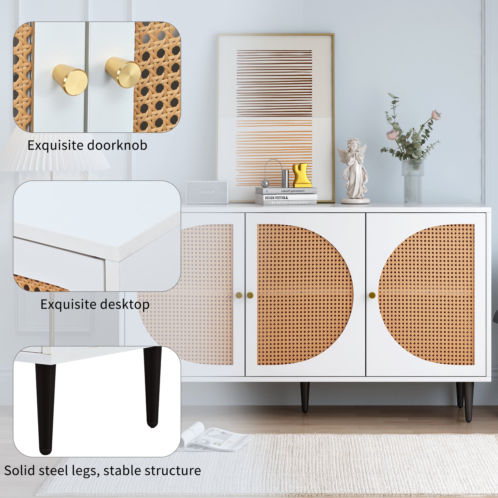 Modernes weißes Buffet mit 3 Rattan -Türen und Metallfüßen