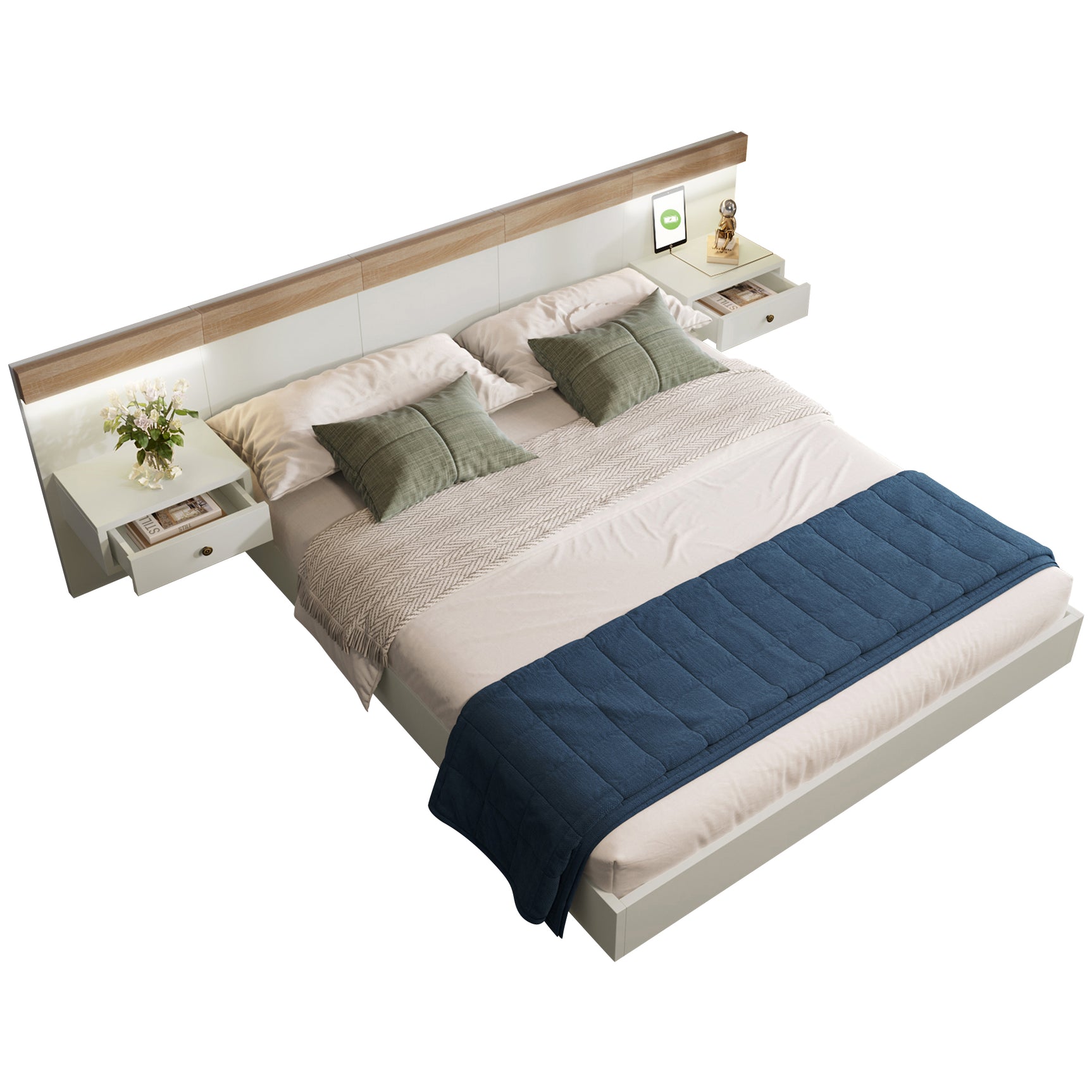 Lit double 140x200 cm avec sommier, tête de lit et 2 tables de chevet LED avec ports USB-C intégrés (sans matelas) , 205x244x90,5 cm