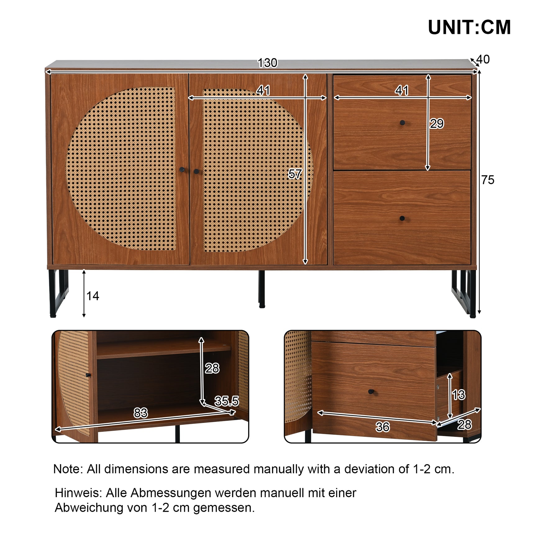 Walnut buffet with 2 rattan doors and 2 drawers