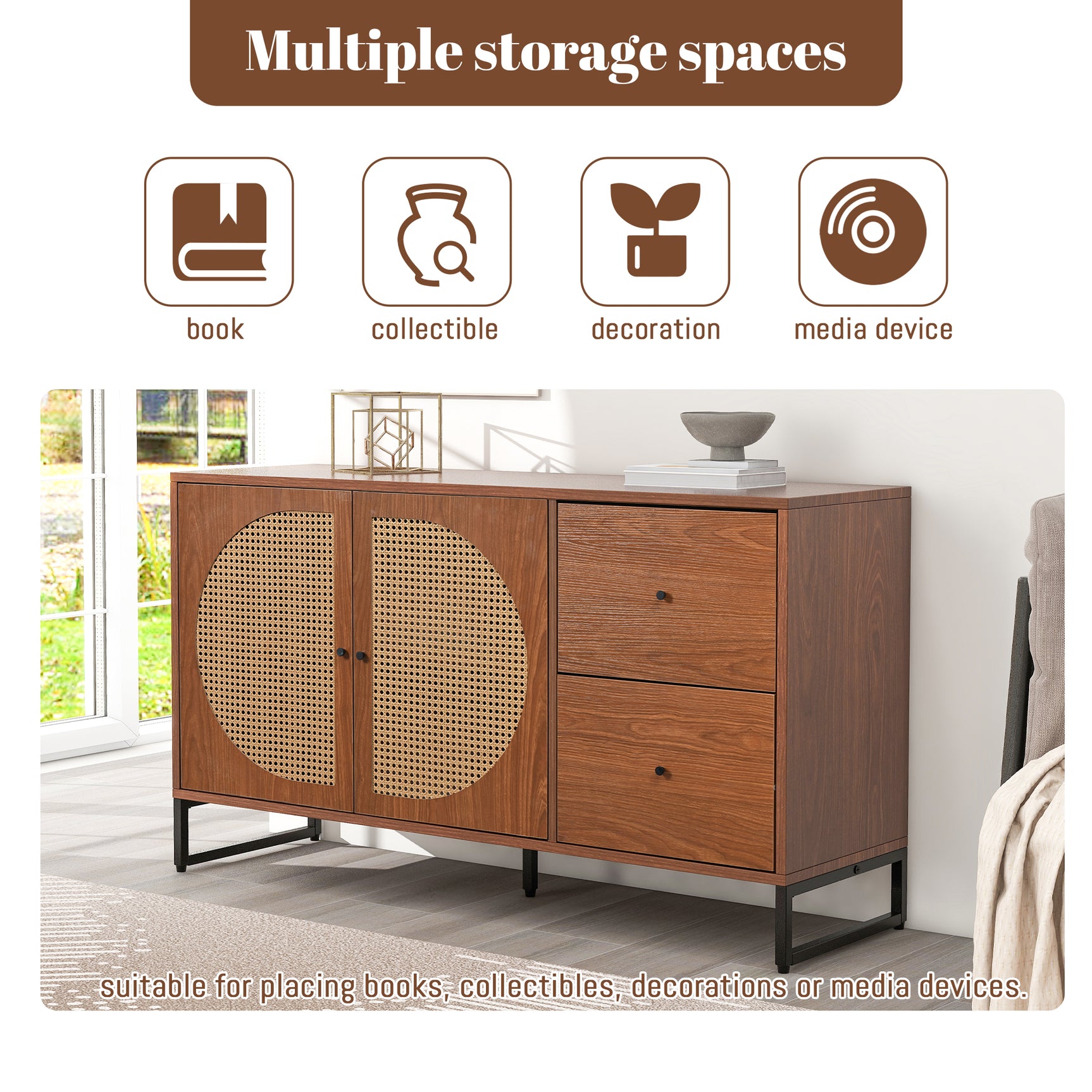 Walnut buffet with 2 rattan doors and 2 drawers