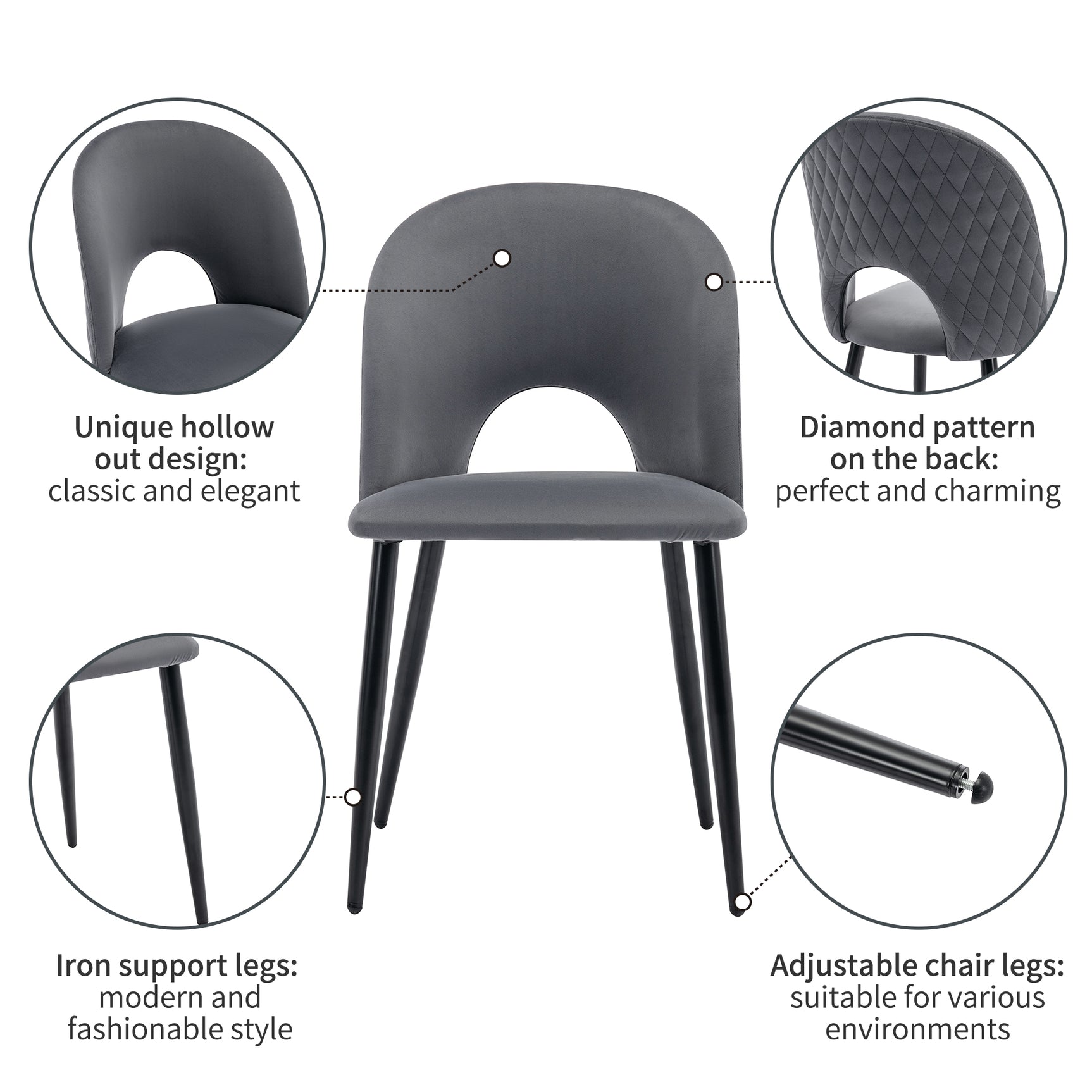 Set of 2 gray velvet dining chairs with diamond pattern backrest, adjustable metal feet and padded seat