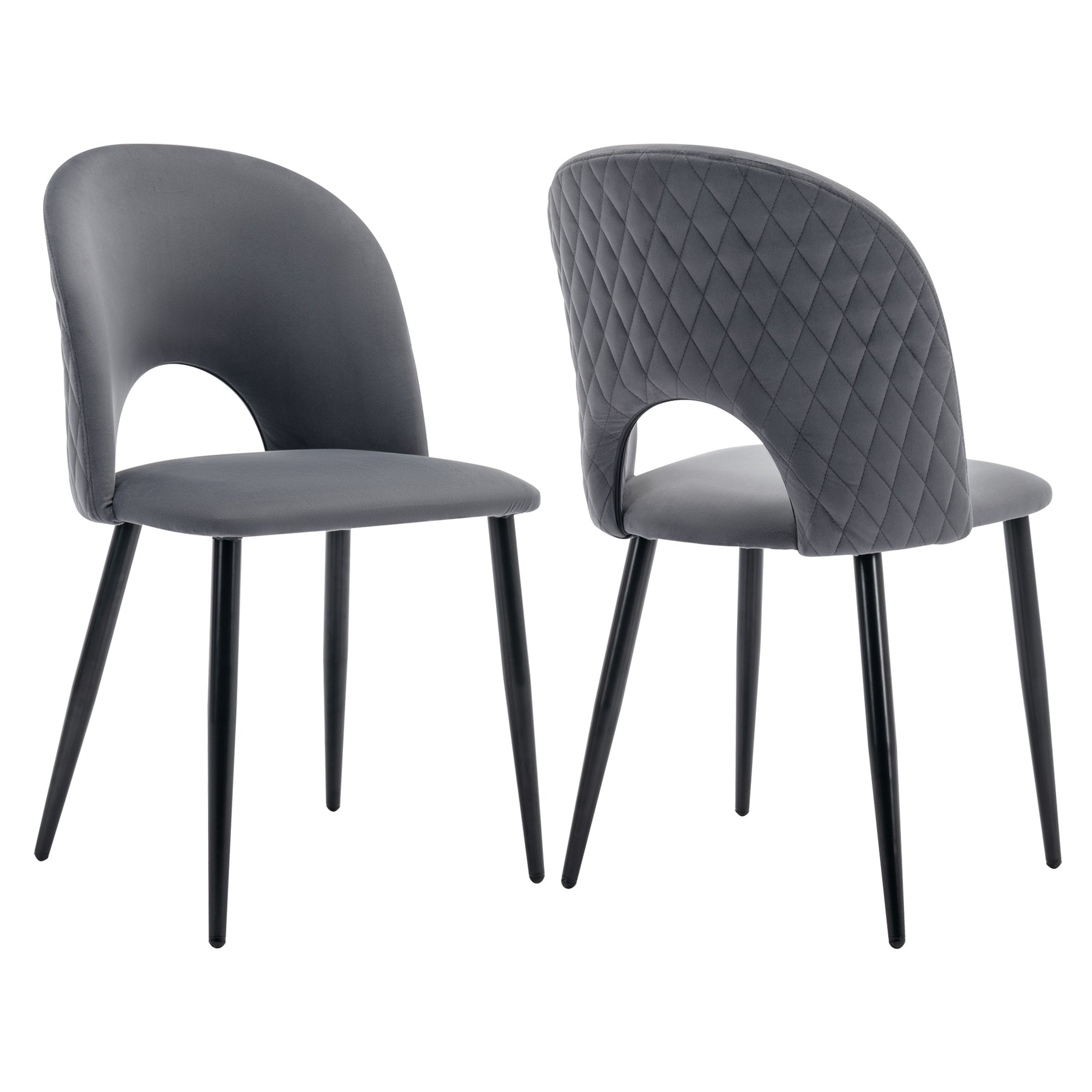 Set of 2 gray velvet dining chairs with diamond pattern backrest, adjustable metal feet and padded seat