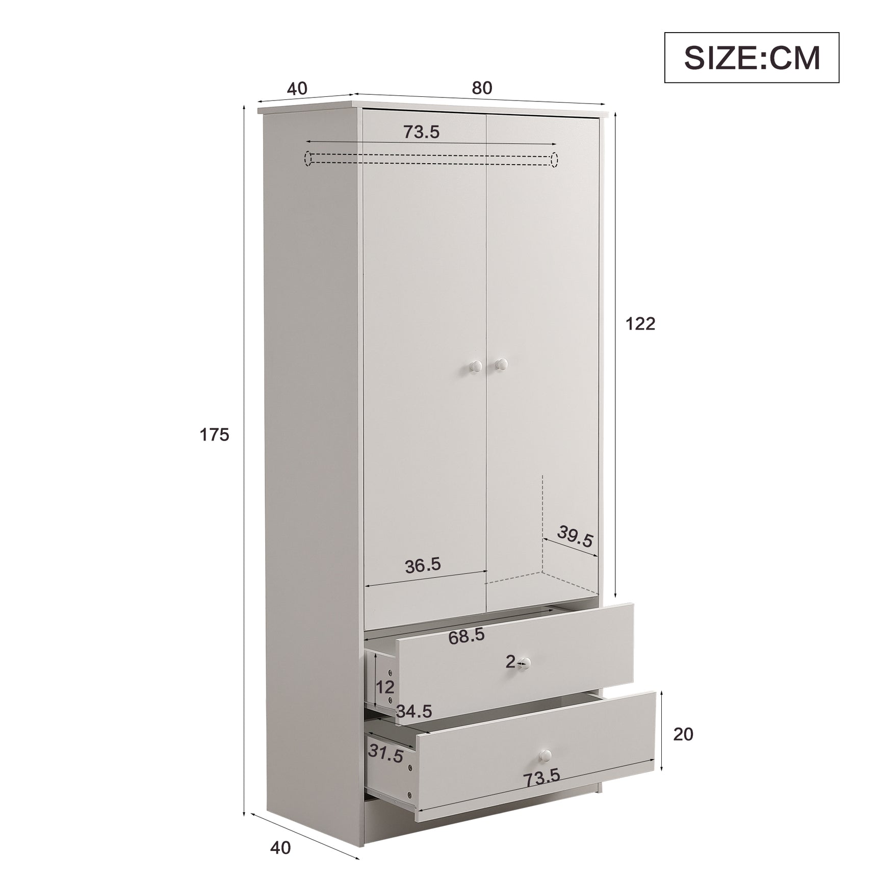 White wardrobe in particle panels with 2 doors, 2 drawers and storage rod