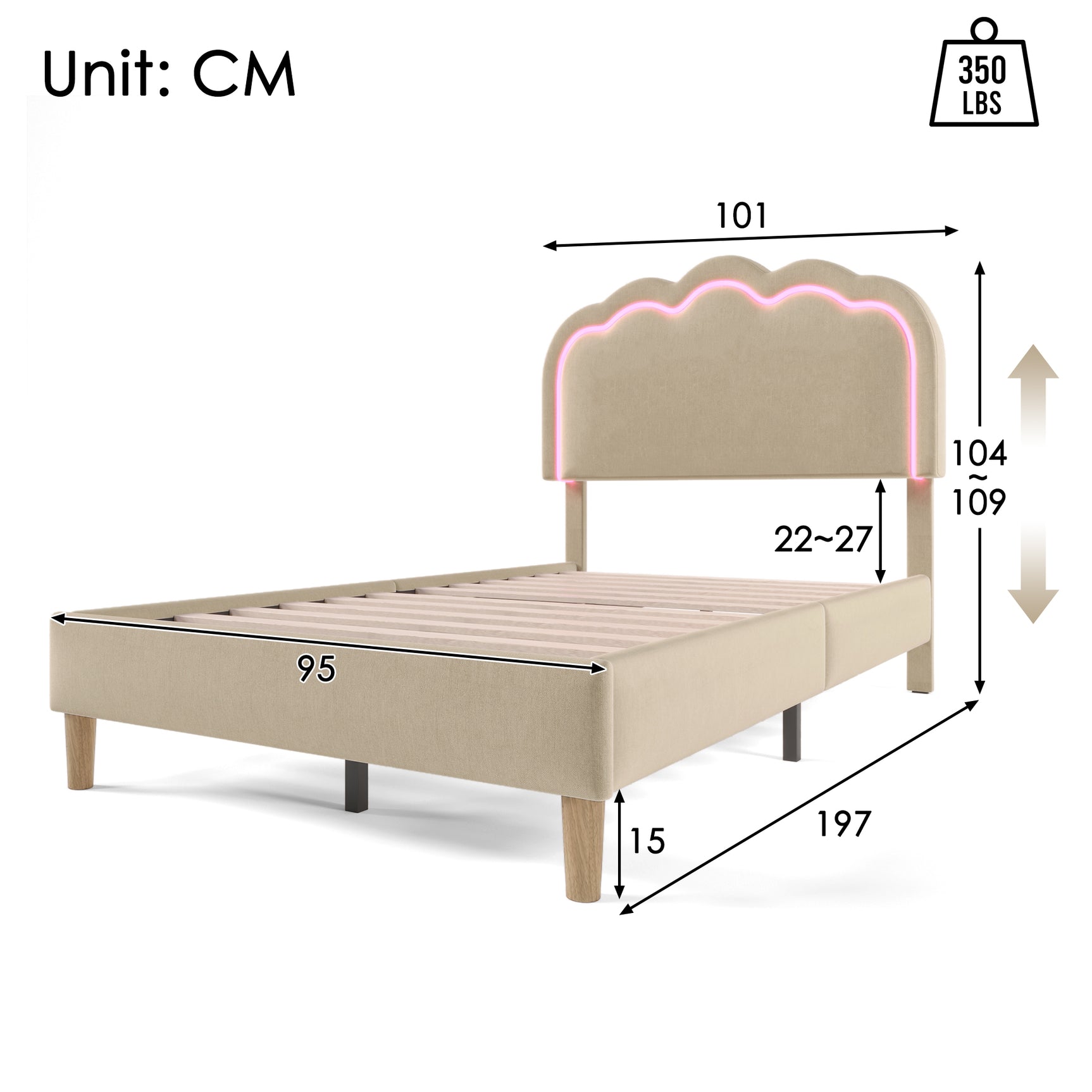 Packaged children's bed 90 × 190 cm with LED, in beige linen with adjustable headboard and slatted base (without mattresses)