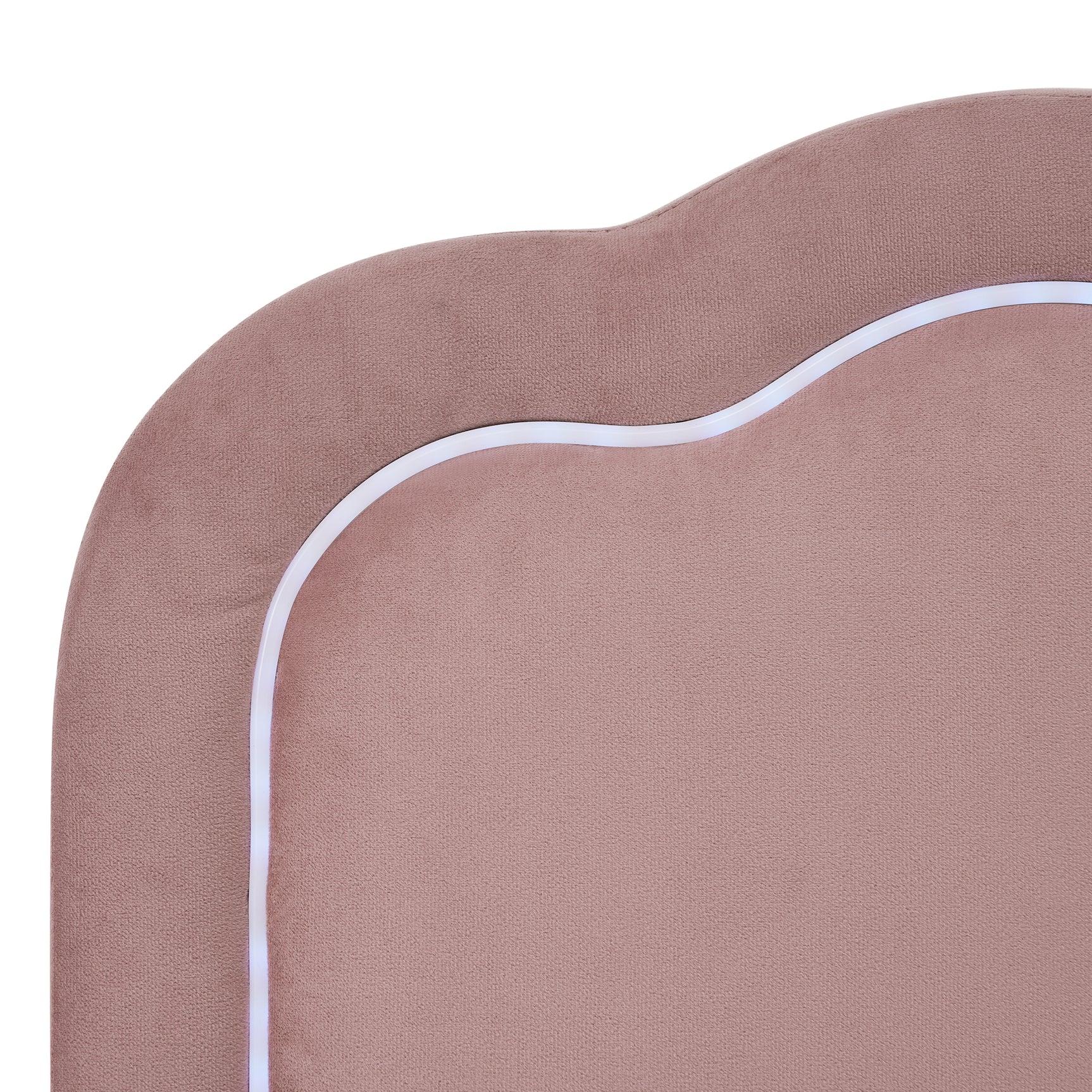 Lit enfant rembourré 90×200 cm avec LED, en velours rose avec tête de lit réglable et sommier à lattes (sans matelas)