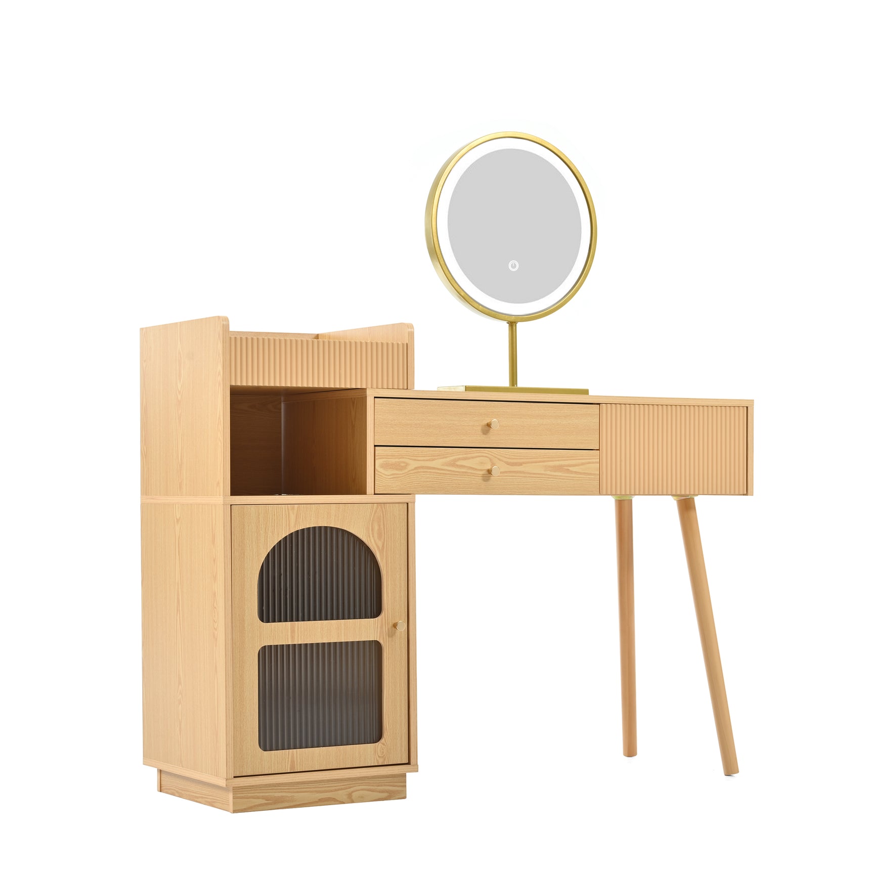 Coiffeuse moderne avec miroir LED à 3 lumières, grand espace de rangement et armoire latérale en verre, 120x40x90 cm
