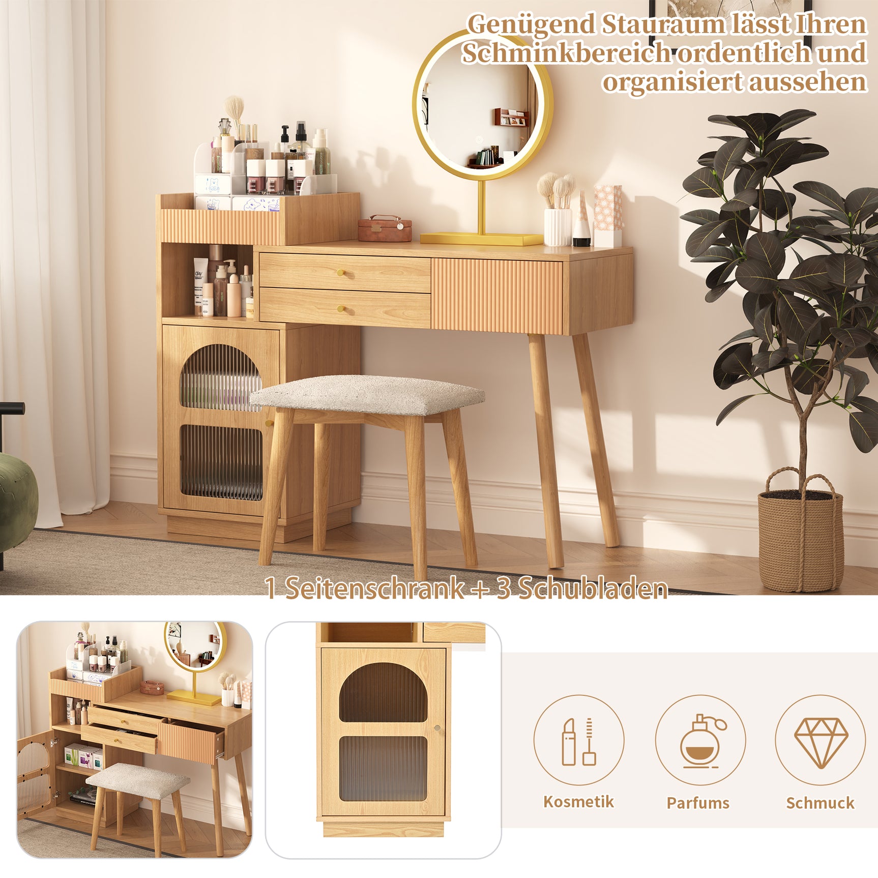 Coiffeuse moderne avec miroir LED à 3 lumières, grand espace de rangement et armoire latérale en verre, 120x40x90 cm