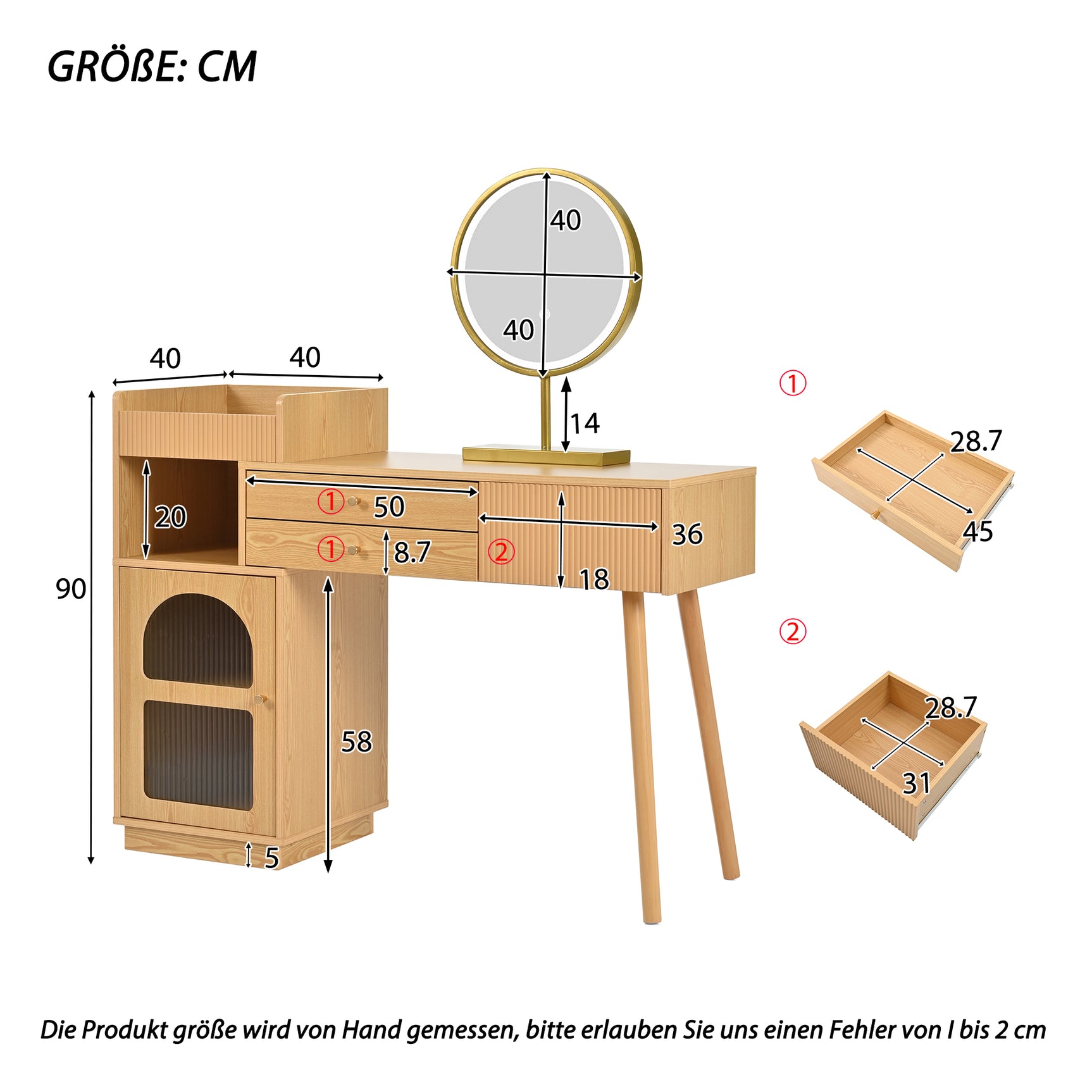 Coiffeuse moderne avec miroir LED à 3 lumières, grand espace de rangement et armoire latérale en verre, 120x40x90 cm